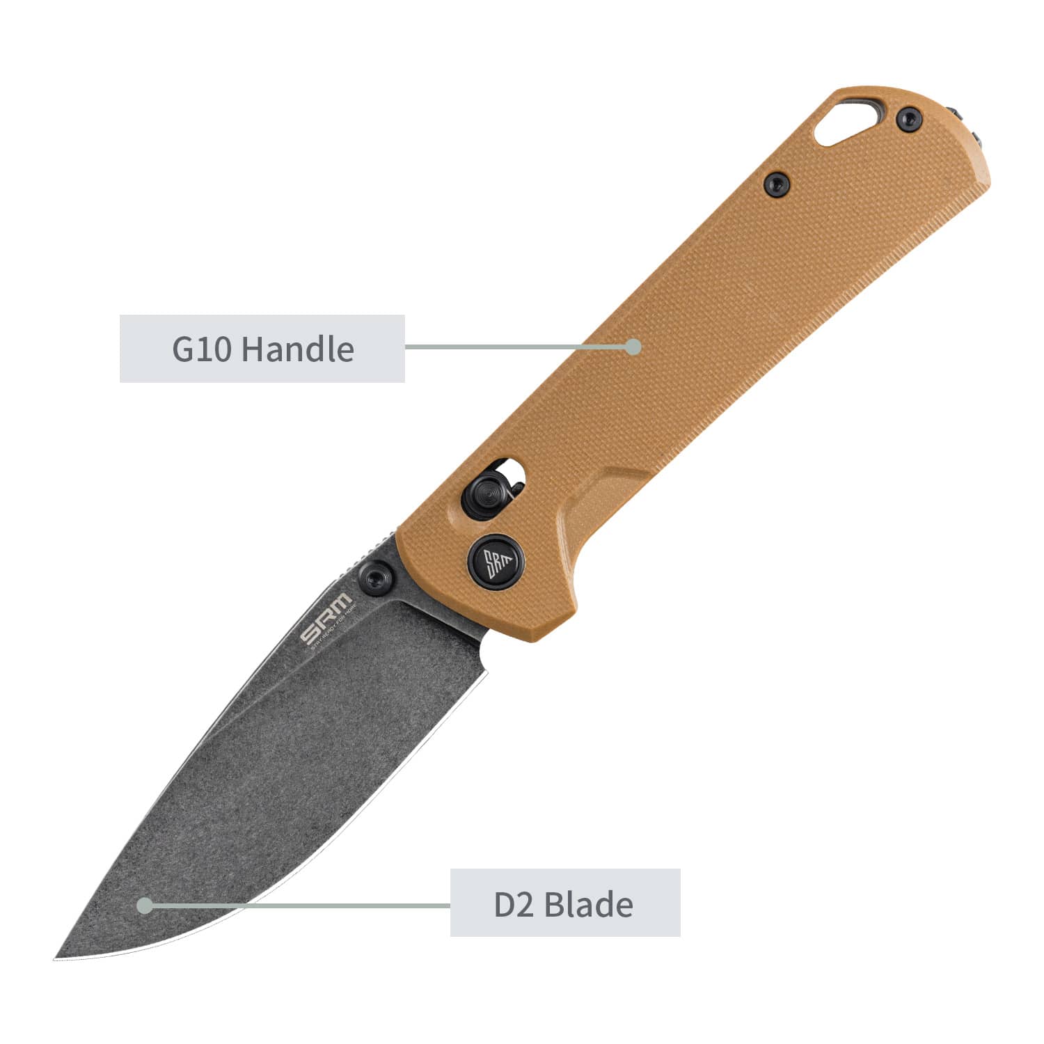 SRM EDC pocket knife 168L-GW2 | D2 blade steel and tan G10 handle