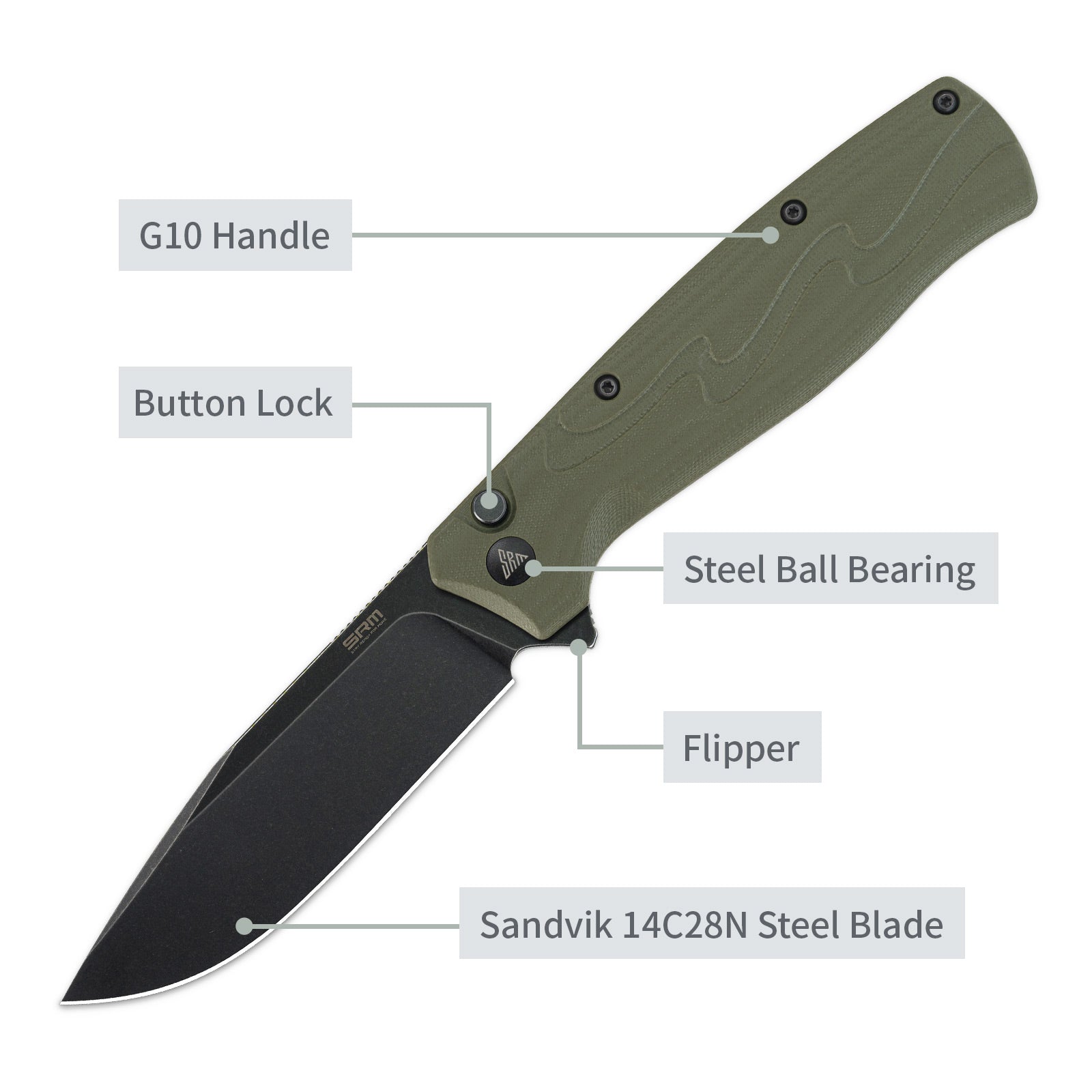 SRM tactical pocket knife 221X-GP - 14C28N steel blade and G10 handle
