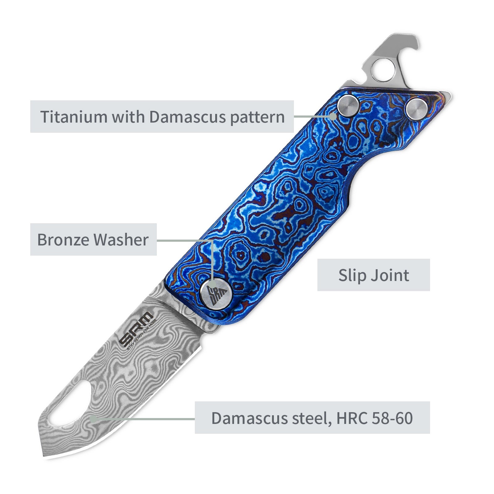 Feature labels of SRM 6435-TL EDC collectible knife: slip joint and steel blade
