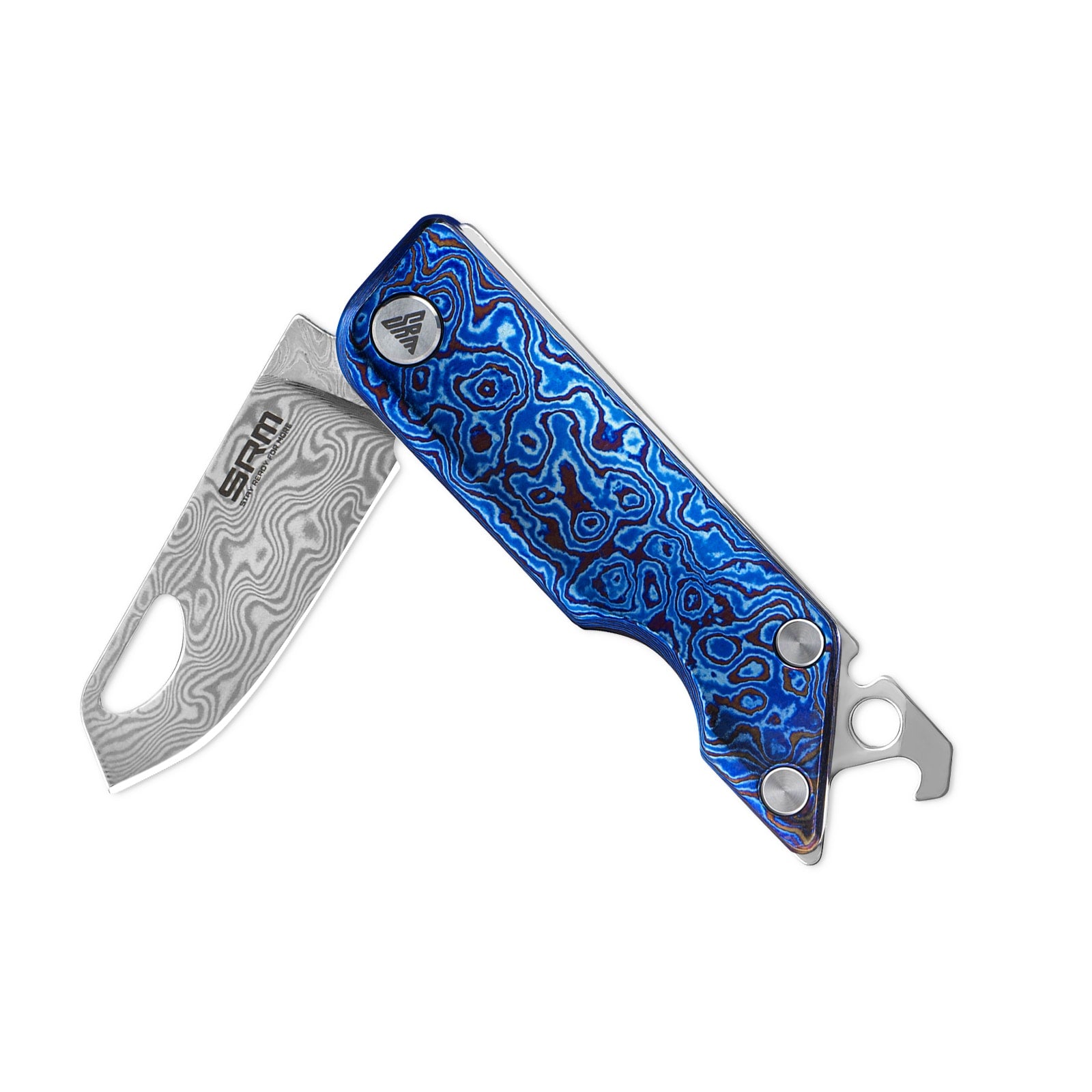 Half-folded state angle of the SRM 6435-TL EDC collectible knife with blade open
