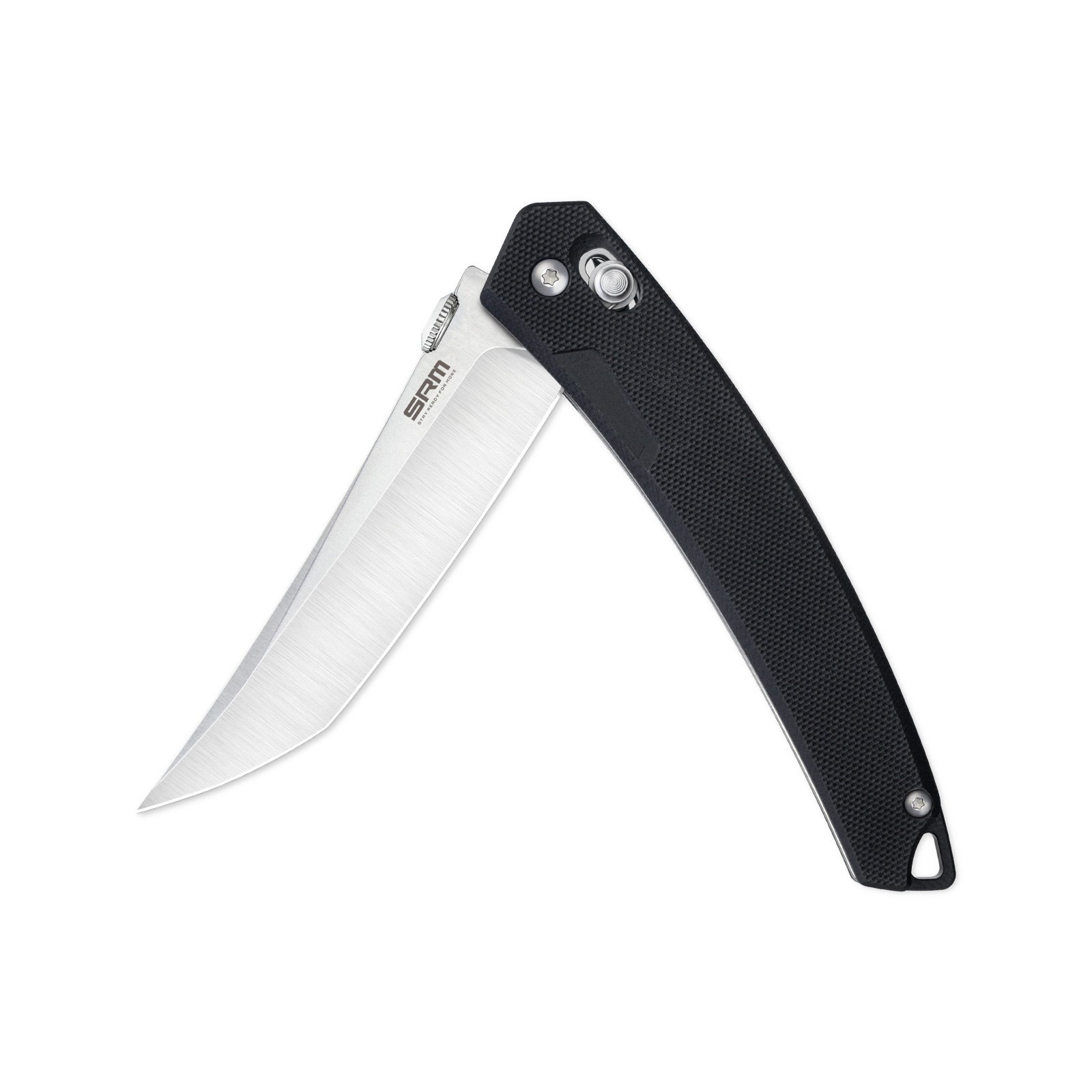 Half-folded state angle of the SRM 9211-GB2 tactical pocket knife with blade open