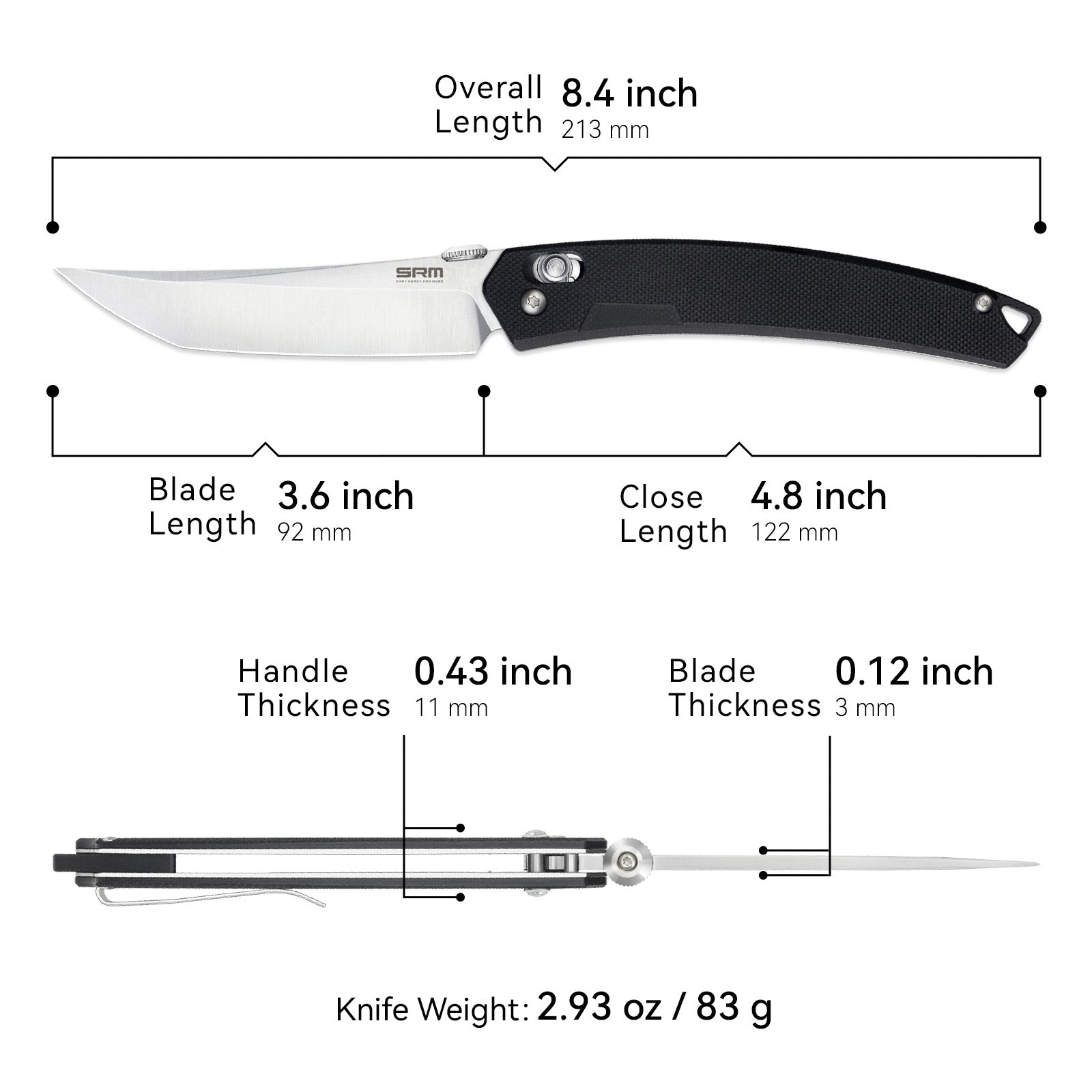 Dimensions and specs of SRM 9211-GB2 tactical pocket knife