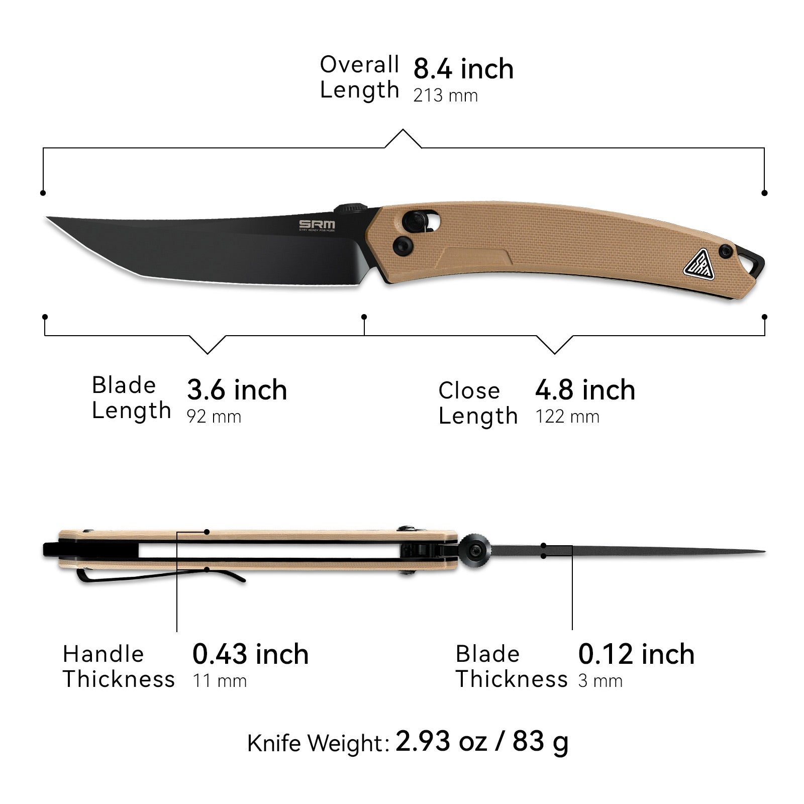 Dimensions and specs of SRM 9211B-GW tactical pocket knife