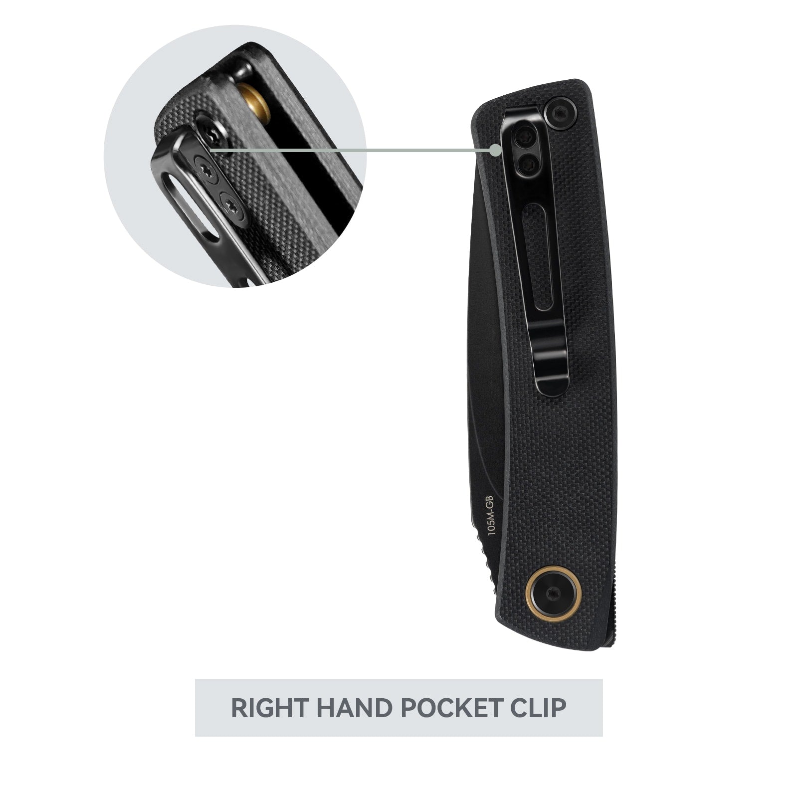 Close-up of SRM Air 105M-GB EDC knife right-hand pocket clip