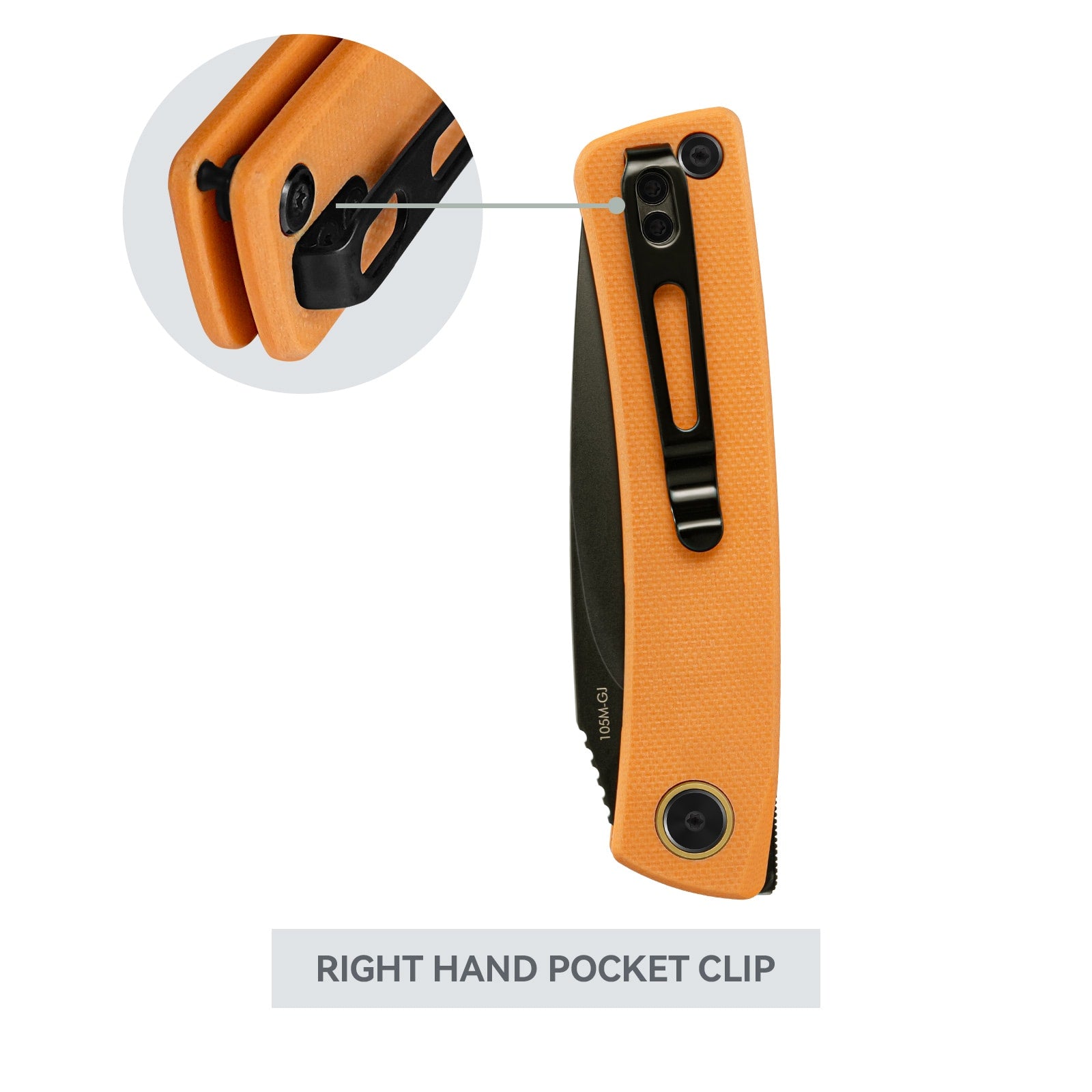 Close-up of SRM Air 105M-GJ EDC knife right-hand pocket clip