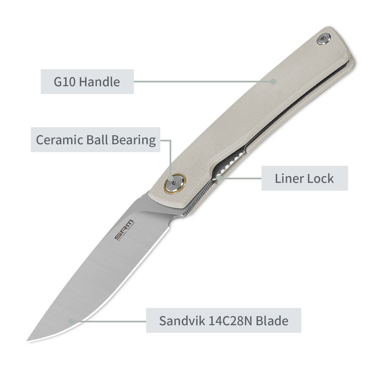 Feature labels of SRM Air 105M-GK EDC knife: liner lock and steel blade