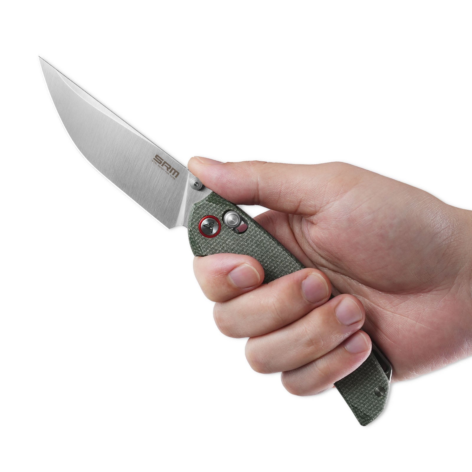 Hand holding SRM Asika 411L-MG EDC outdoor knife