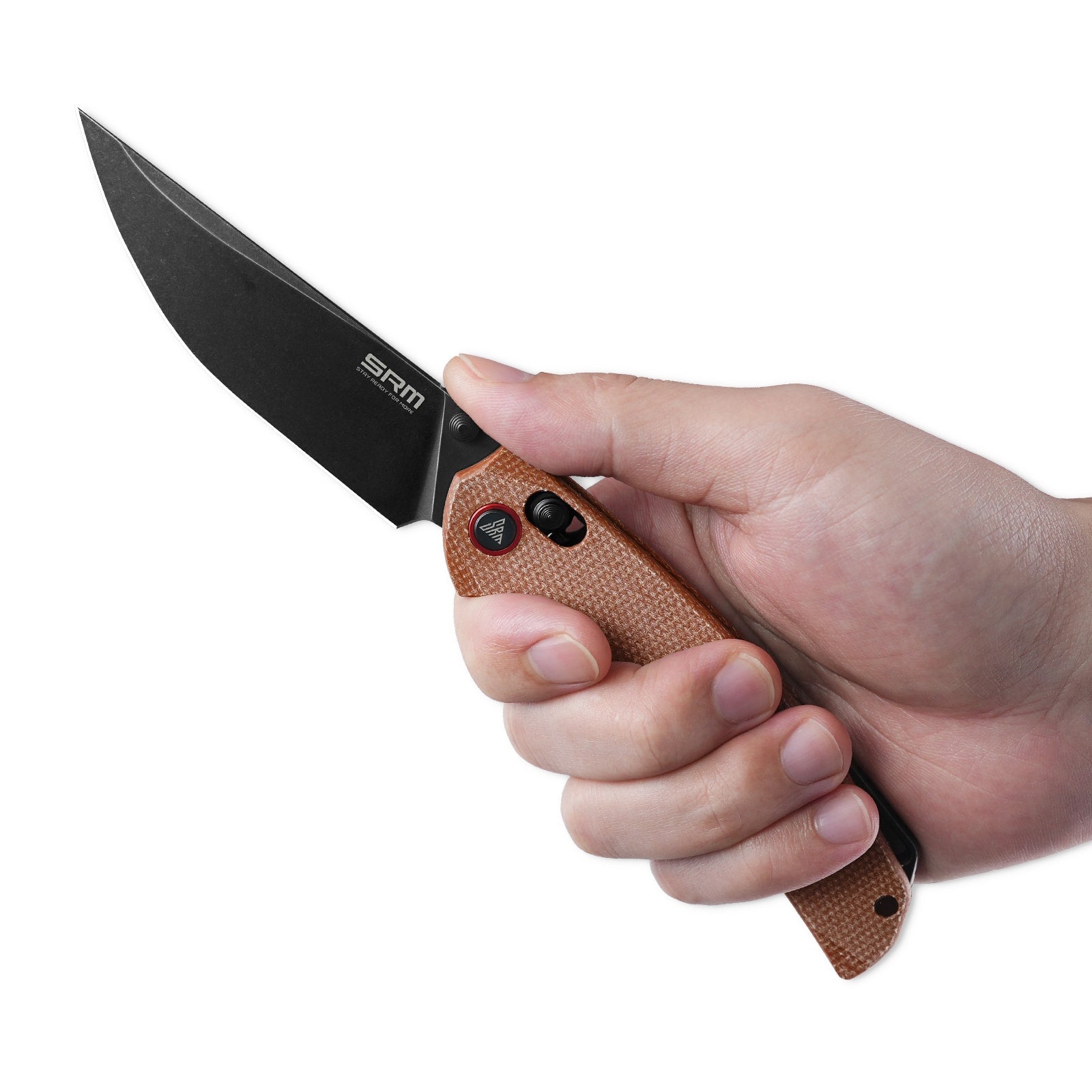 Hand holding SRM Asika 411L-MN EDC outdoor knife