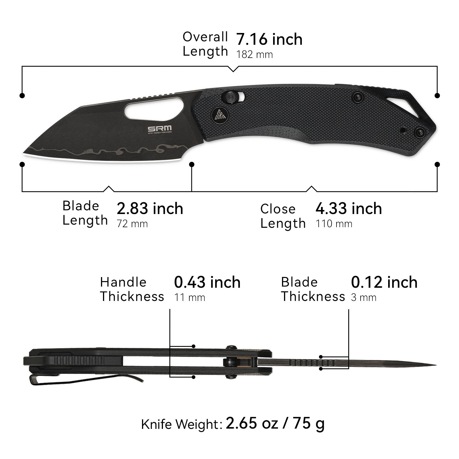 Dimensions and specs of SRM Cub 261M-GB2 folding hunting knife