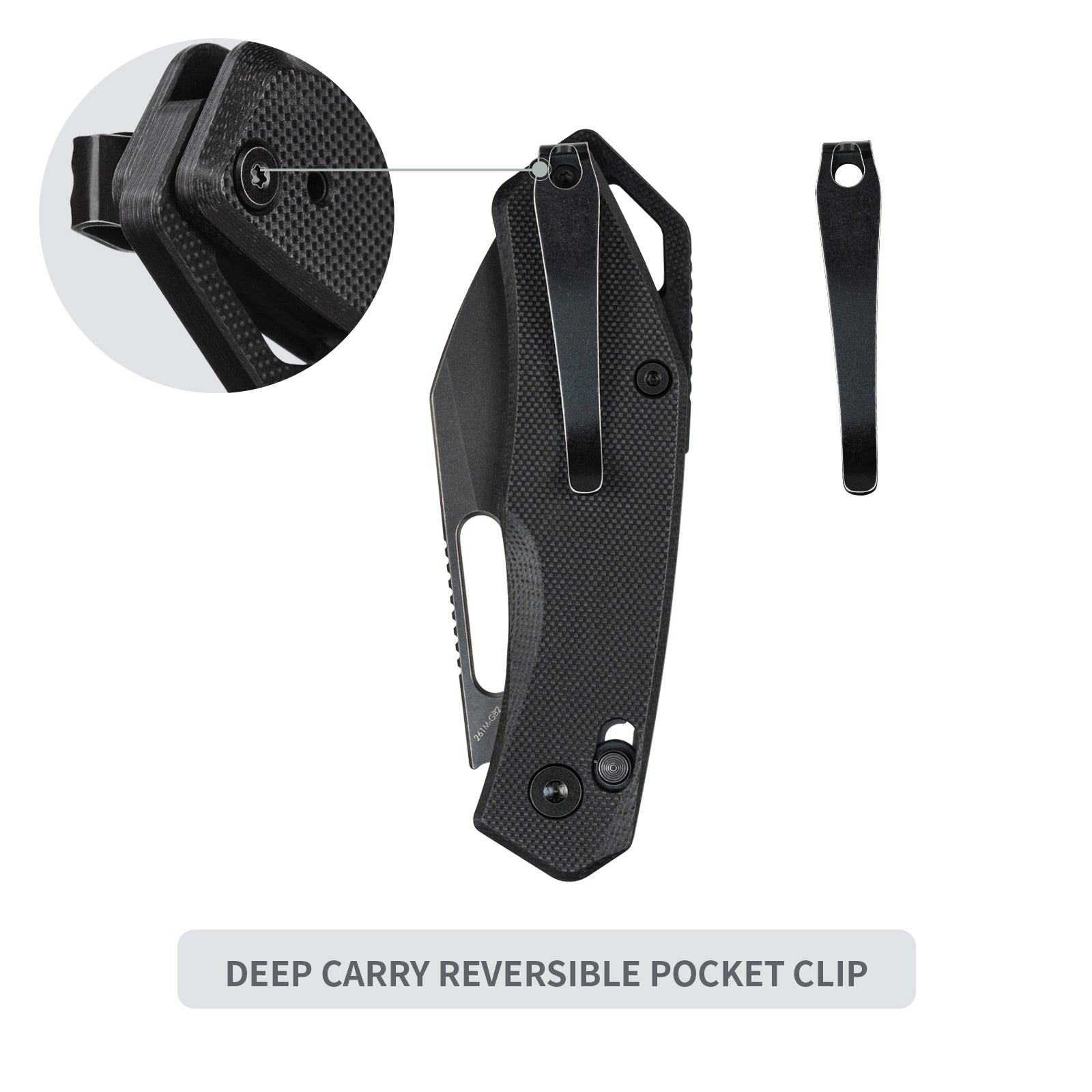 Close-up of SRM Cub 261M-GB2 folding hunting knife reversible pocket clip