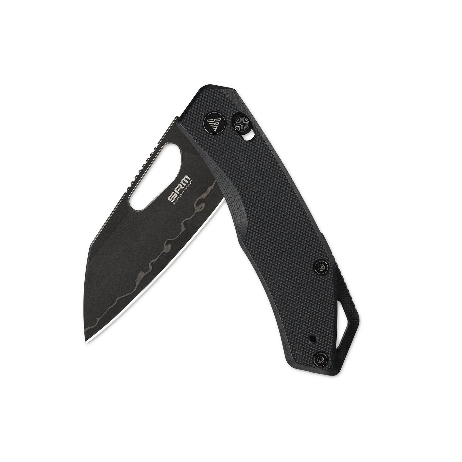 Half-folded state angle of the SRM Cub 261M-GB2 folding hunting knife with blade open
