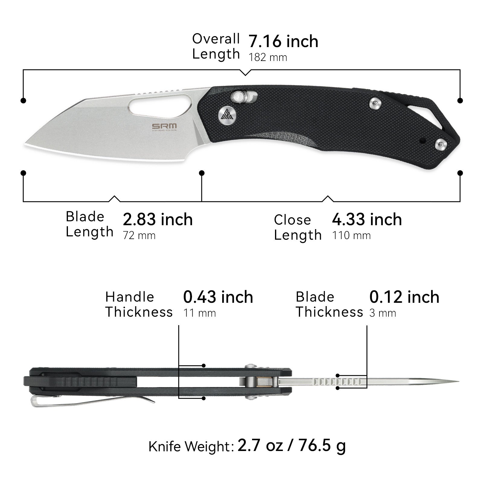 Dimensions and specs of SRM Cub 261M-GB folding hunting knife