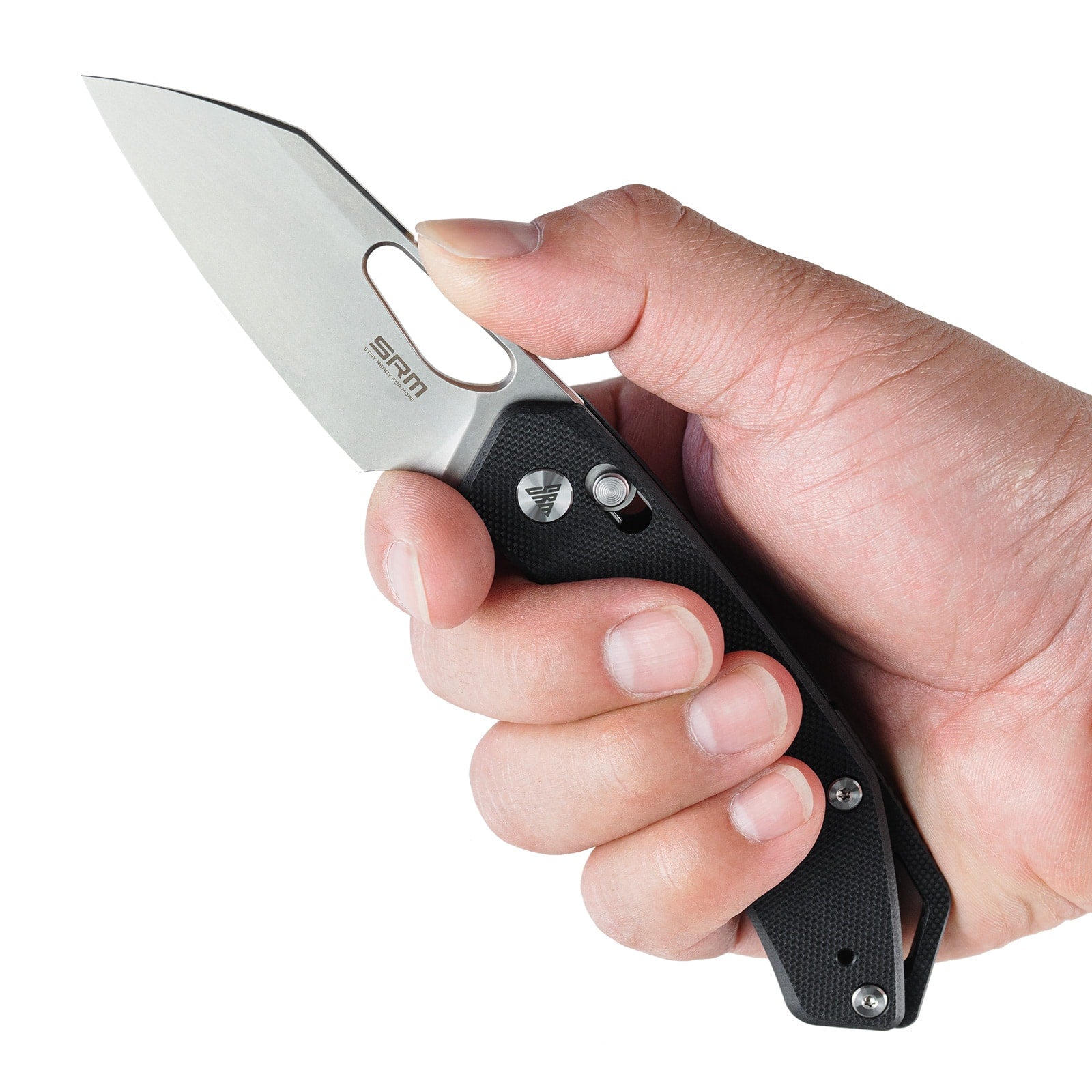 Hand holding SRM Cub 261M-GB folding hunting knife