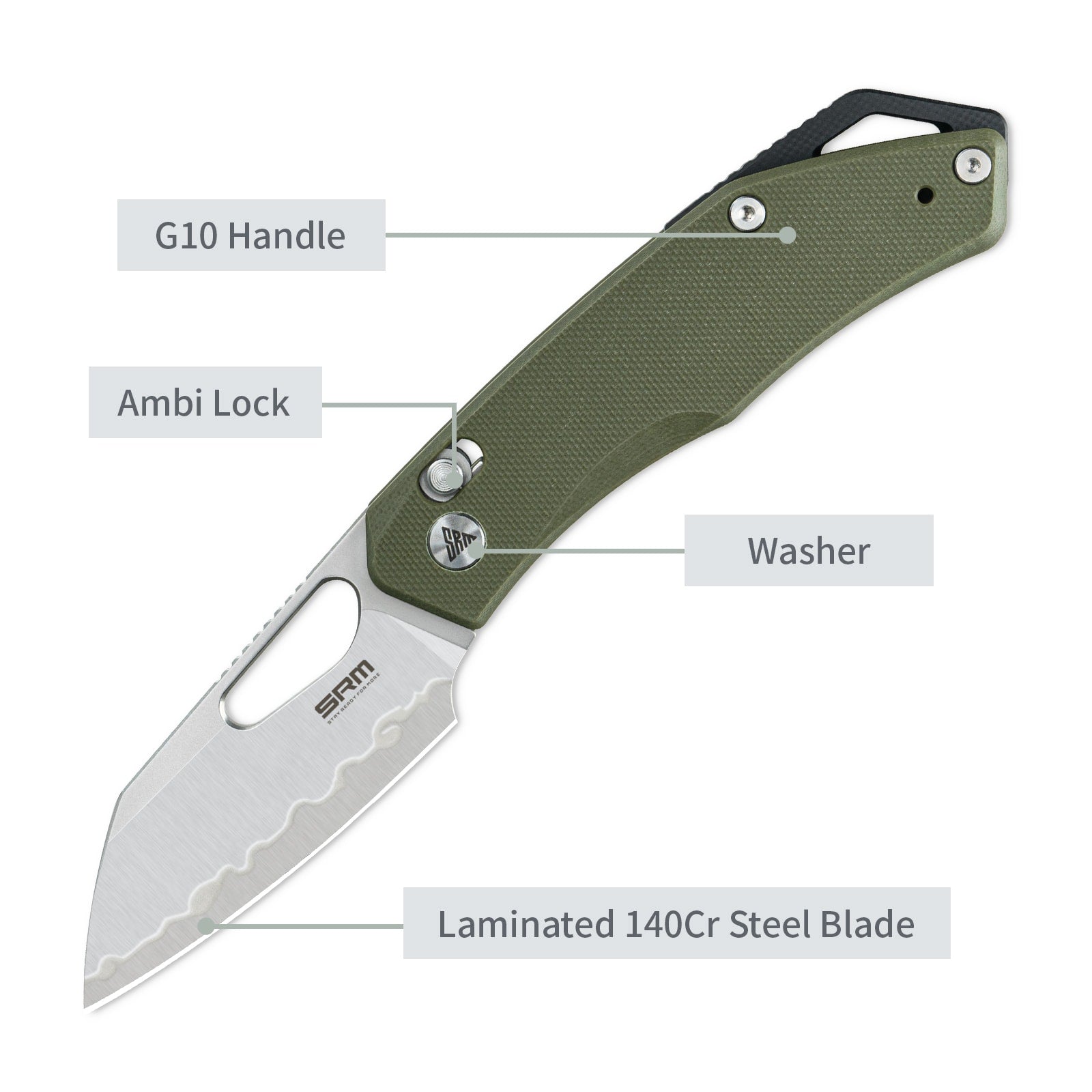 Feature labels of SRM Cub 261M-GP2 folding hunting knife: ambi lock and steel blade