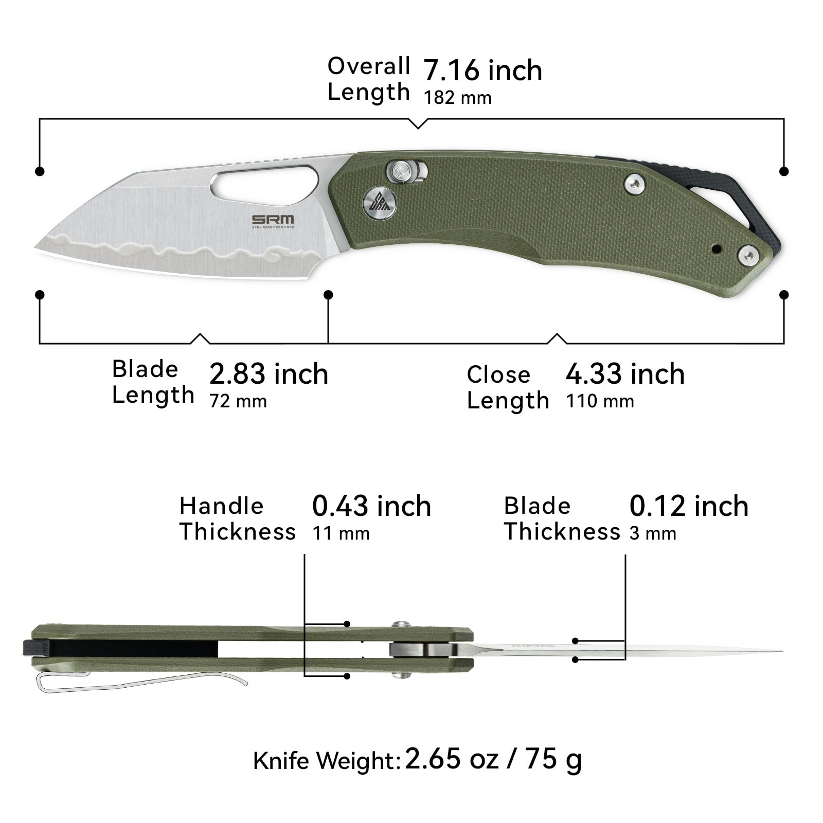 Dimensions and specs of SRM Cub 261M-GP2 folding hunting knife