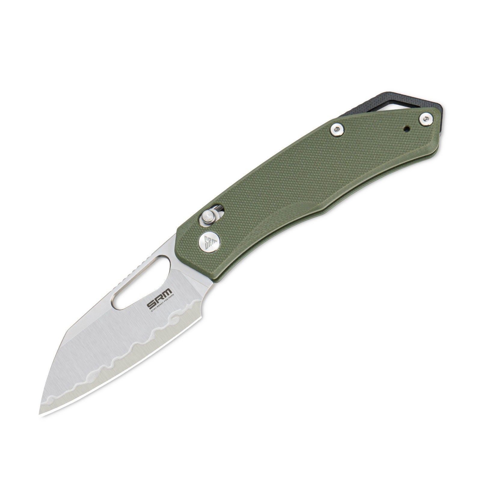 Detailed view of SRM Cub 261M-GP2 folding hunting knife handle and blade