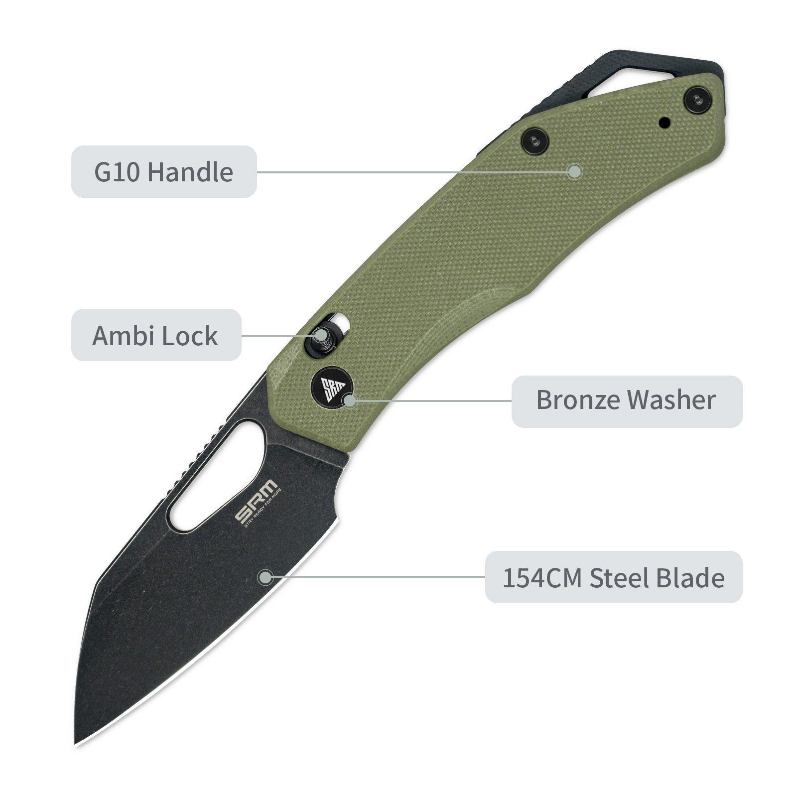 Feature labels of SRM Cub 261M-GP folding hunting knife: ambi lock and steel blade