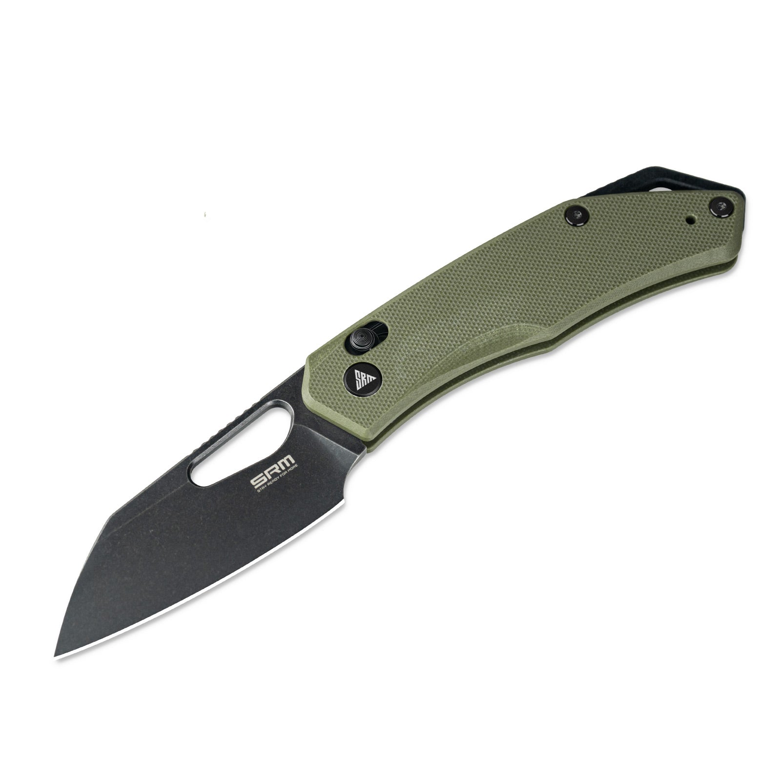 Detailed view of SRM Cub 261M-GP folding hunting knife handle and blade