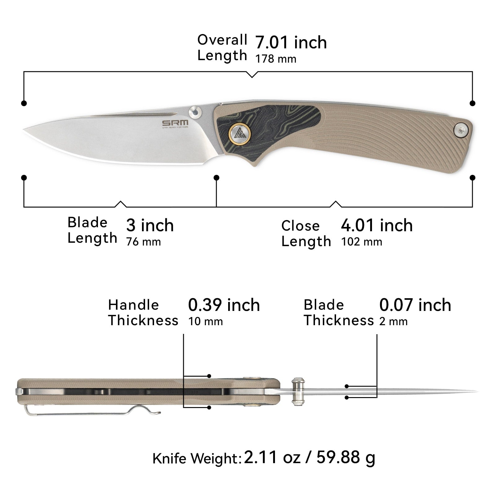 Dimensions and specs of SRM Dome 106M-GW slip joint knife