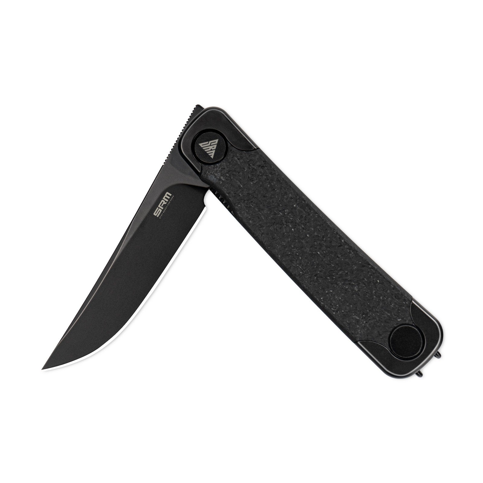 Half-folded state angle of the SRM Enso 131M-GB EDC pocket knife with blade open