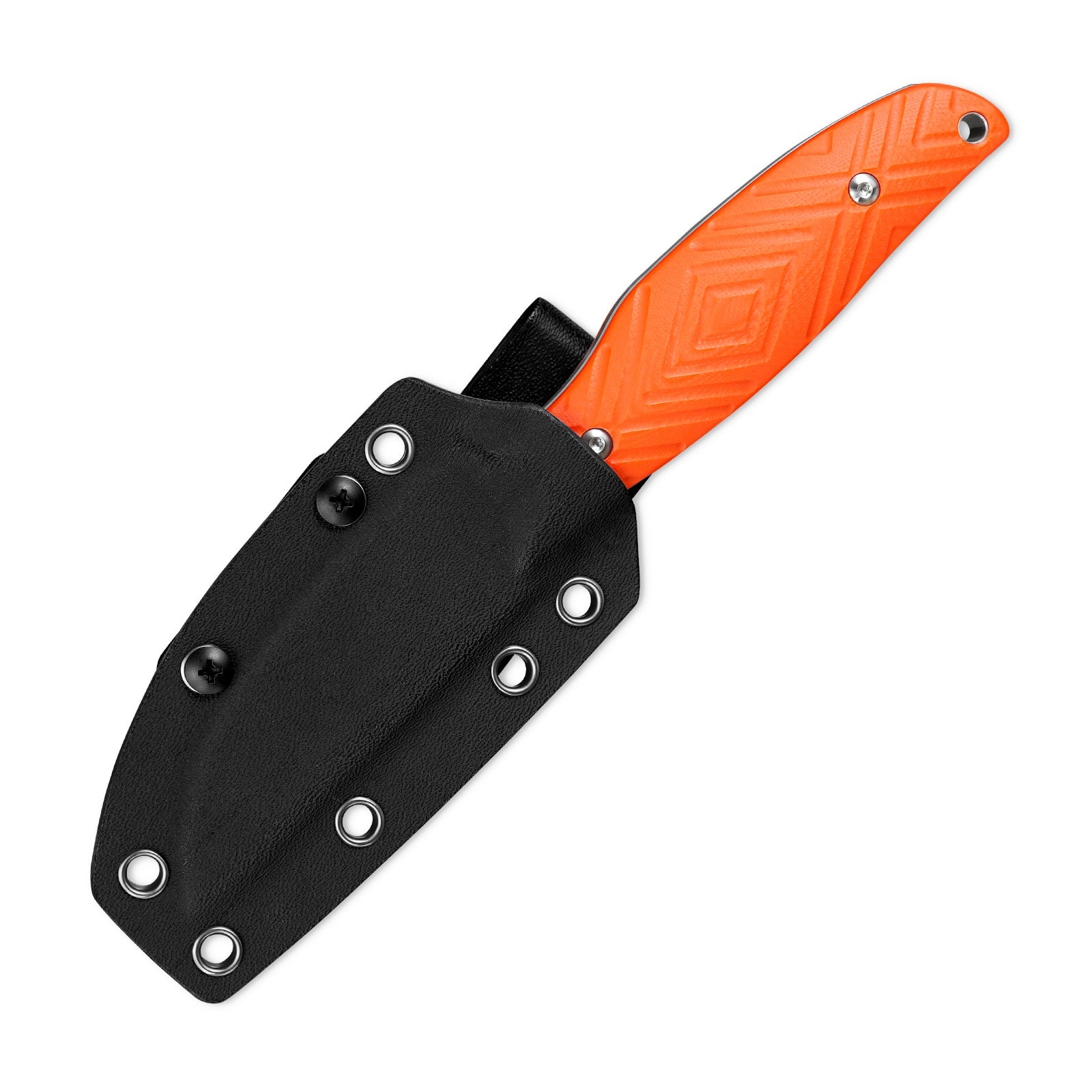 The image displays the front view of the SRM Fossa 605T-GJ fixed blade hunting knife with sheath.