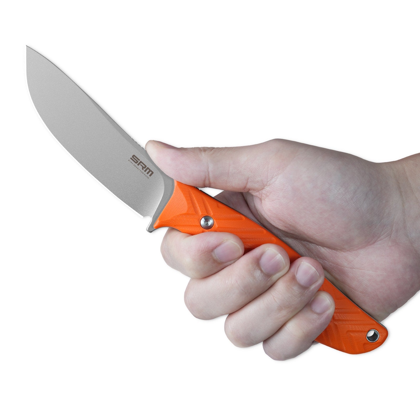 Hand holding SRM Fossa 605T-GJ fixed blade hunting knife.