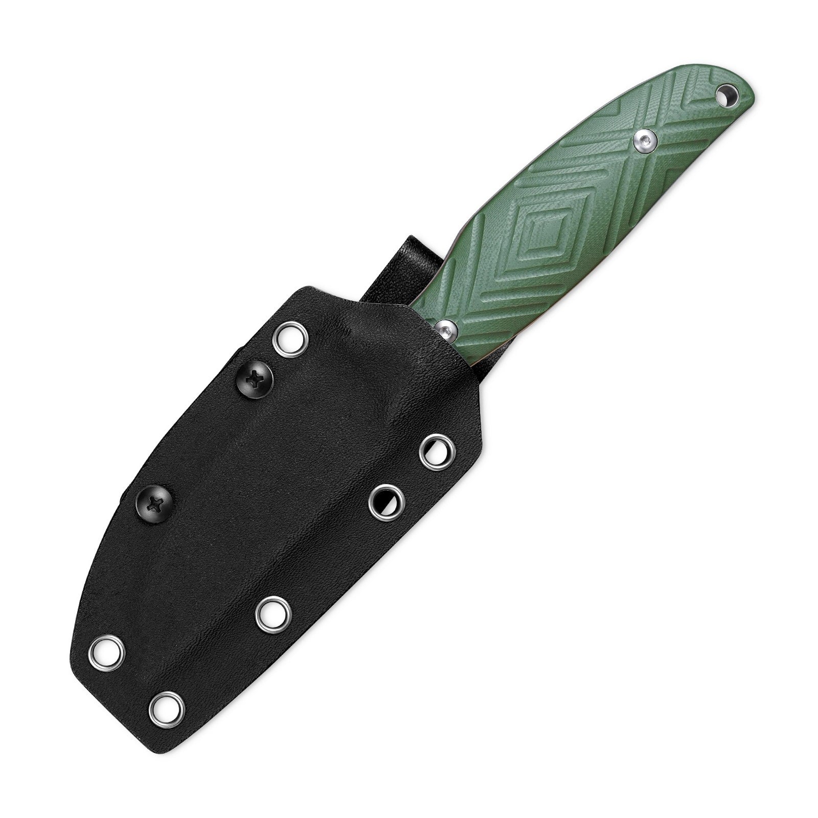 The image displays the front view of the SRM Fossa 605T-GP fixed blade hunting knife with sheath.