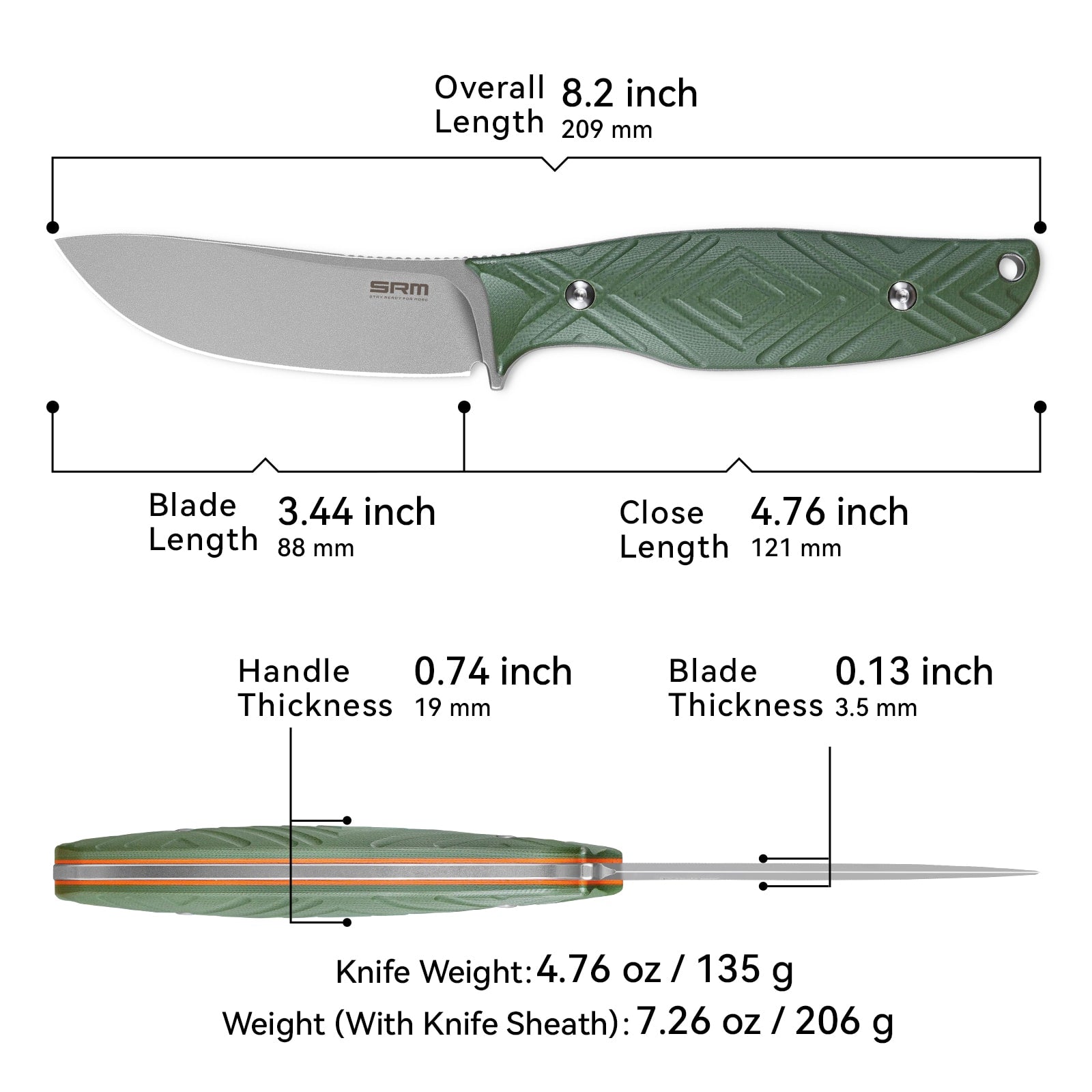 Dimensions and specs of the SRM Fossa 605T-GP fixed blade hunting knife.