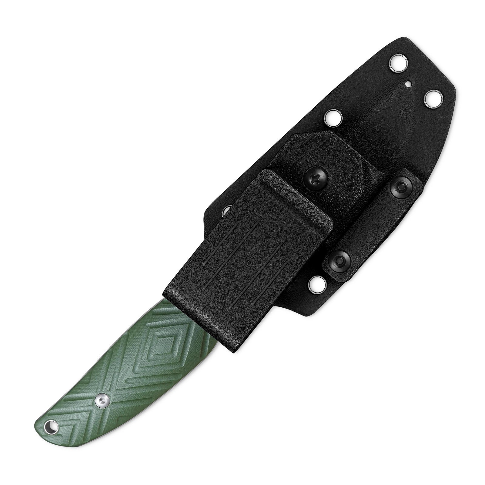 The image displays the reverse side of the SRM Fossa 605T-GP fixed blade hunting knife with sheath.