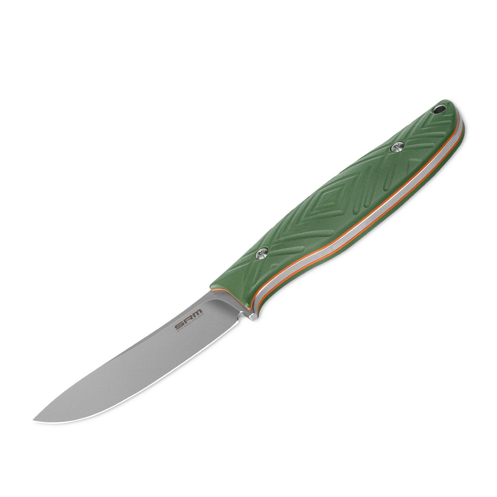 The image showcases the full tang construction of the SRM Fossa 605T-GP fixed blade hunting knife.