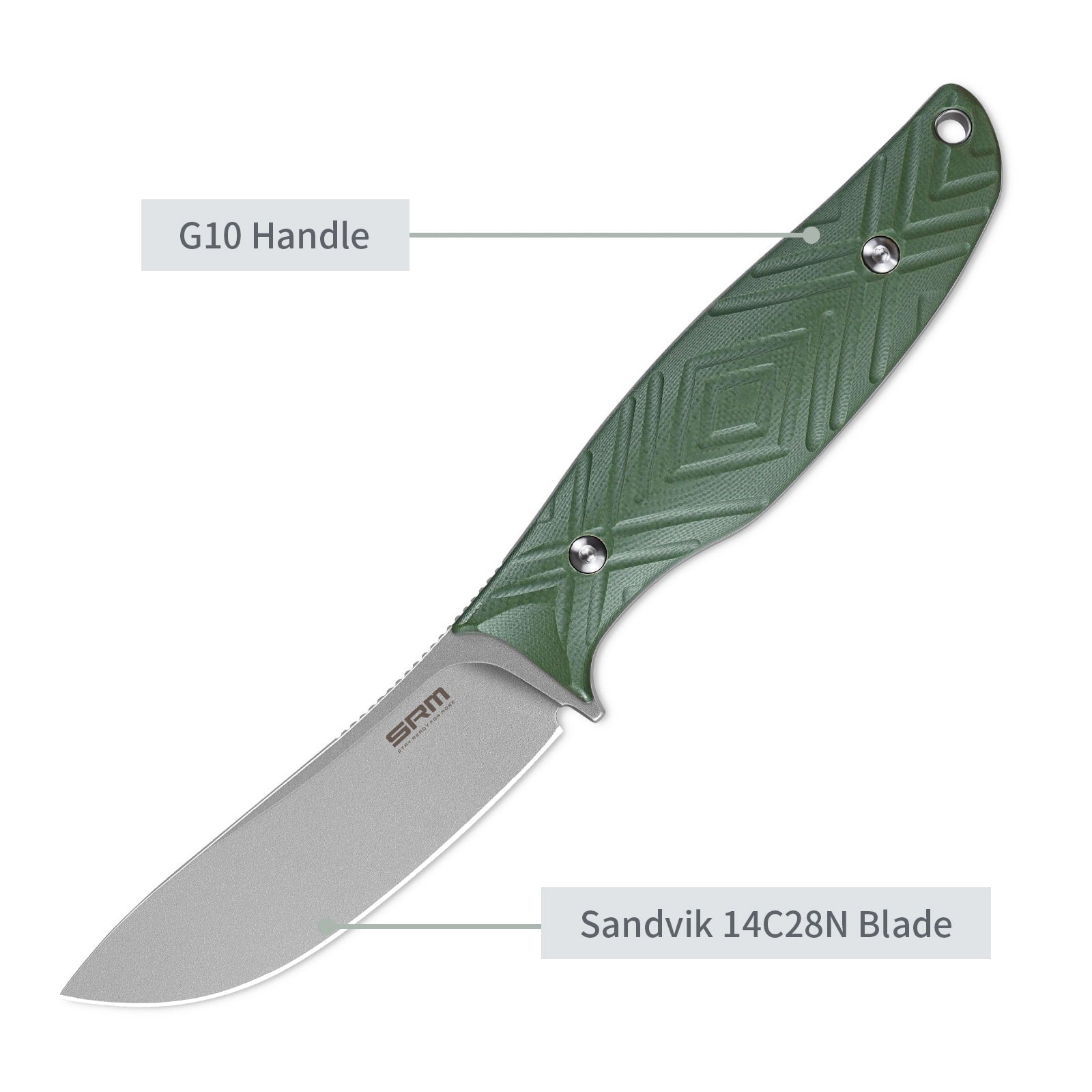 Feature labels of SRM Fossa 605T-GP fixed blade hunting knife: G10 handle and 14C28N Blade.
