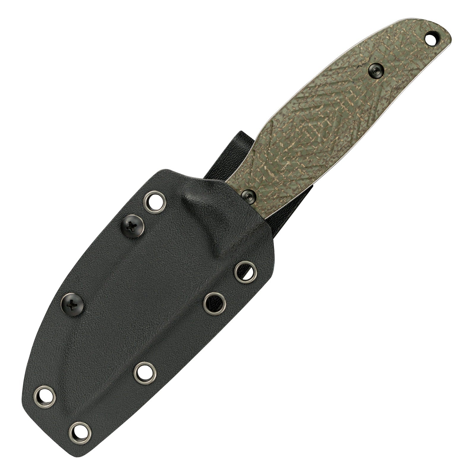 The image displays the front view of the SRM Fossa 605T-MP fixed blade hunting knife with sheath.
