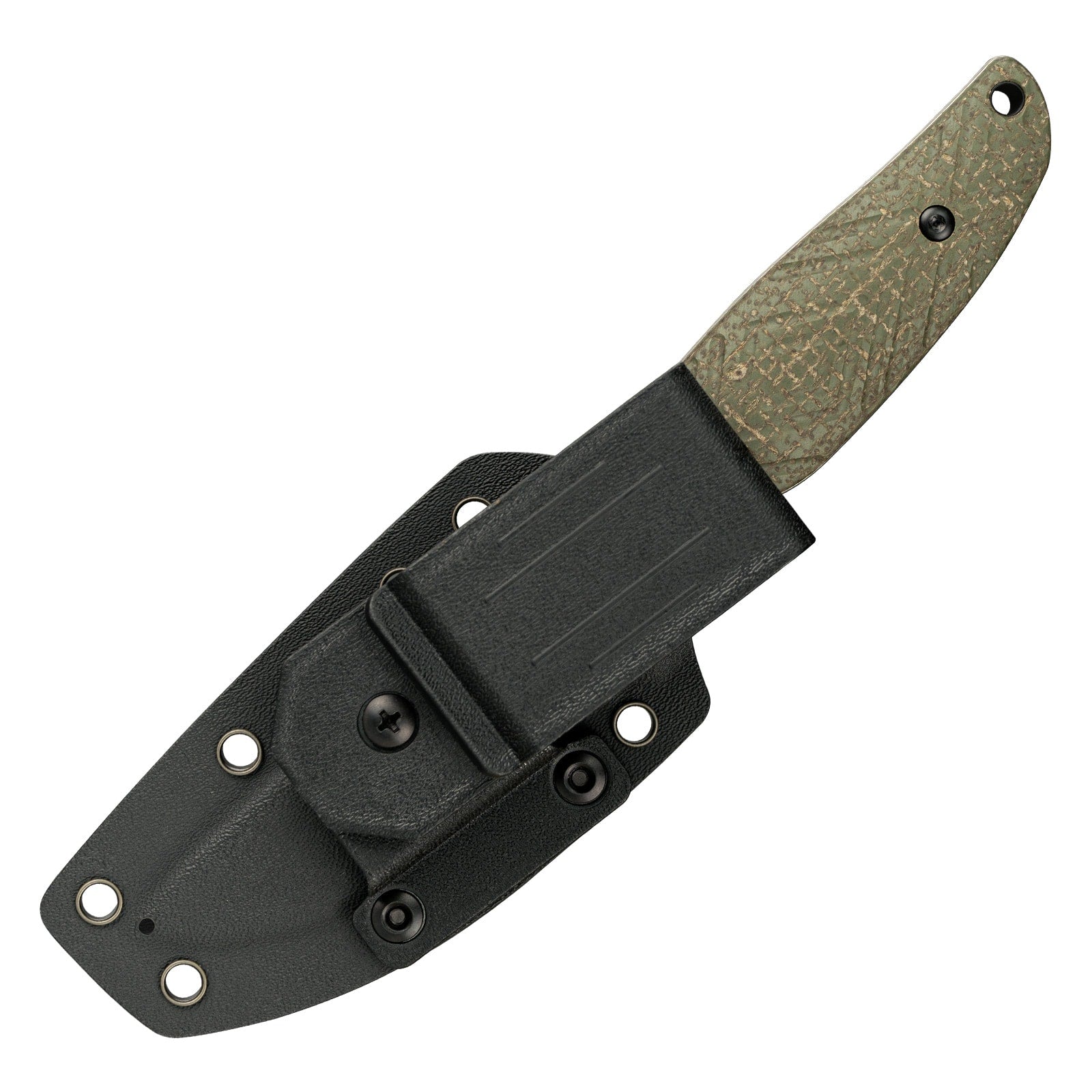 The image displays the reverse side of the SRM Fossa 605T-MP fixed blade hunting knife with sheath.