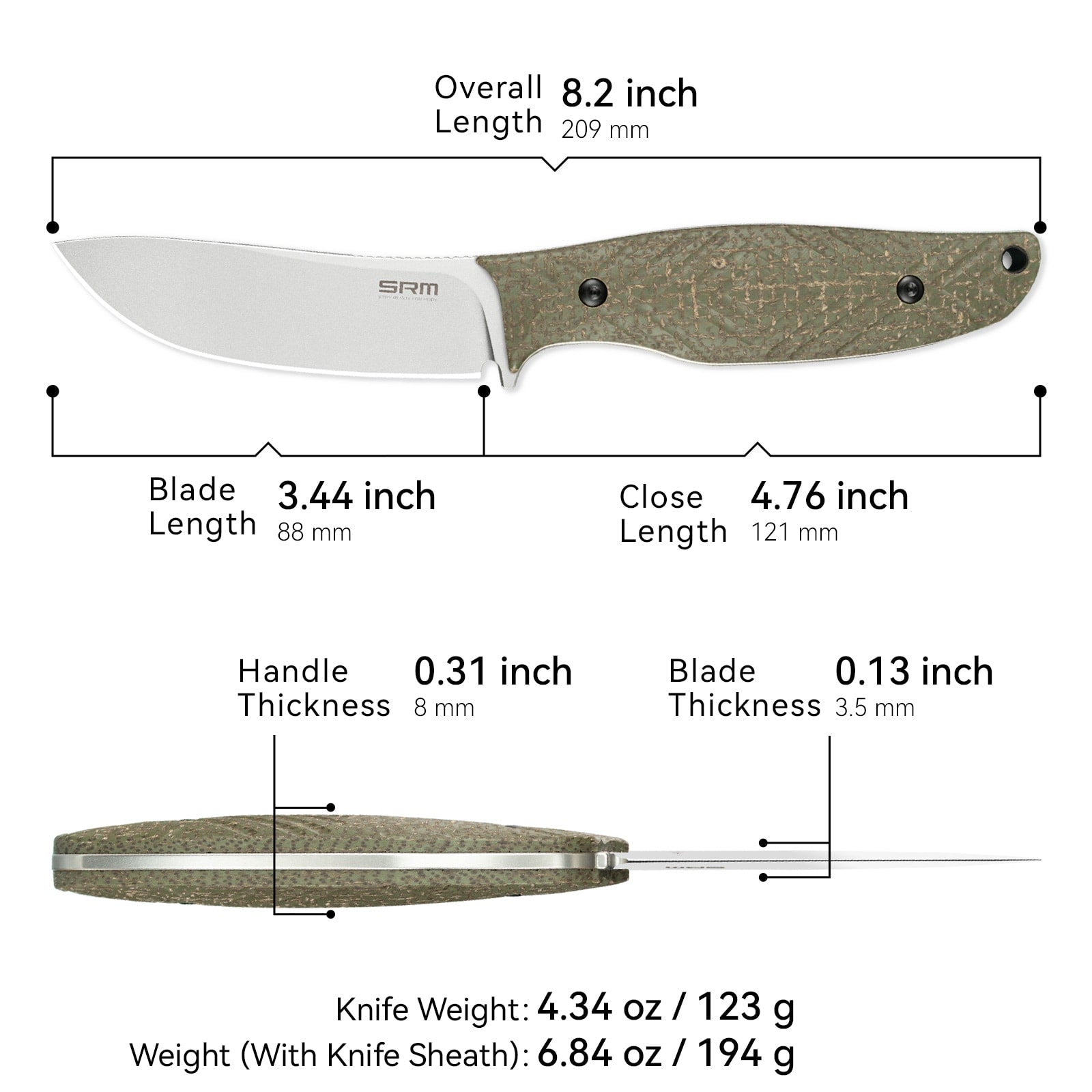 Dimensions and specs of the SRM Fossa 605T-MP fixed blade hunting knife.