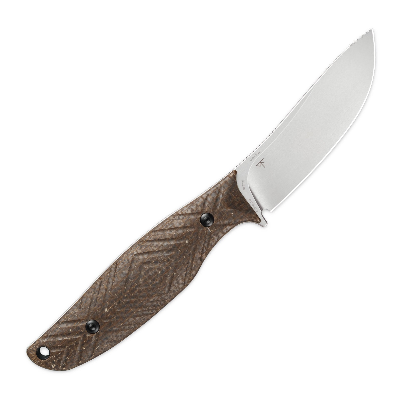 The image displays a side view of the SRM Fossa 605T-MW fixed blade hunting knife.
