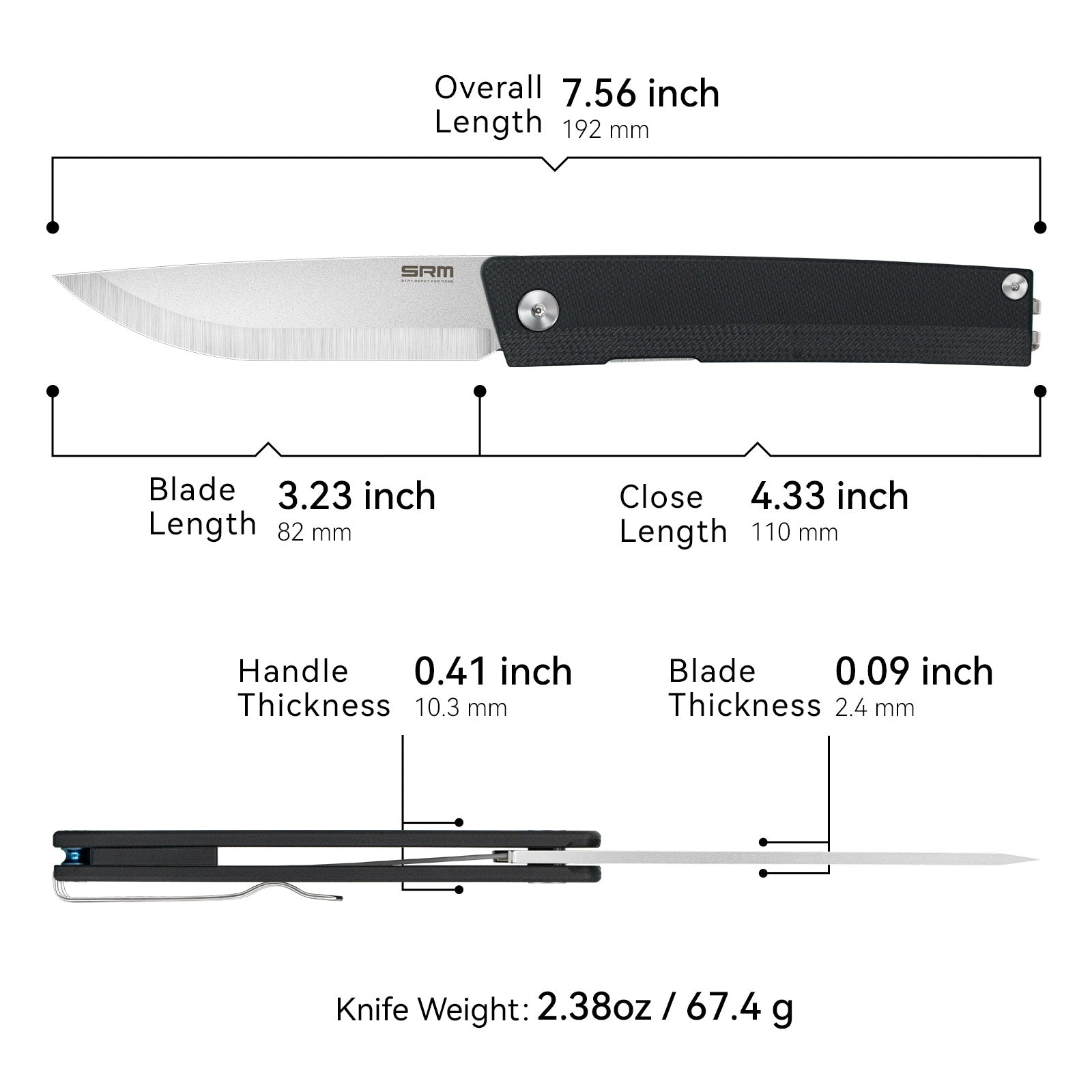 Dimensions and specs of SRM Gent 401L-GB EDC knife