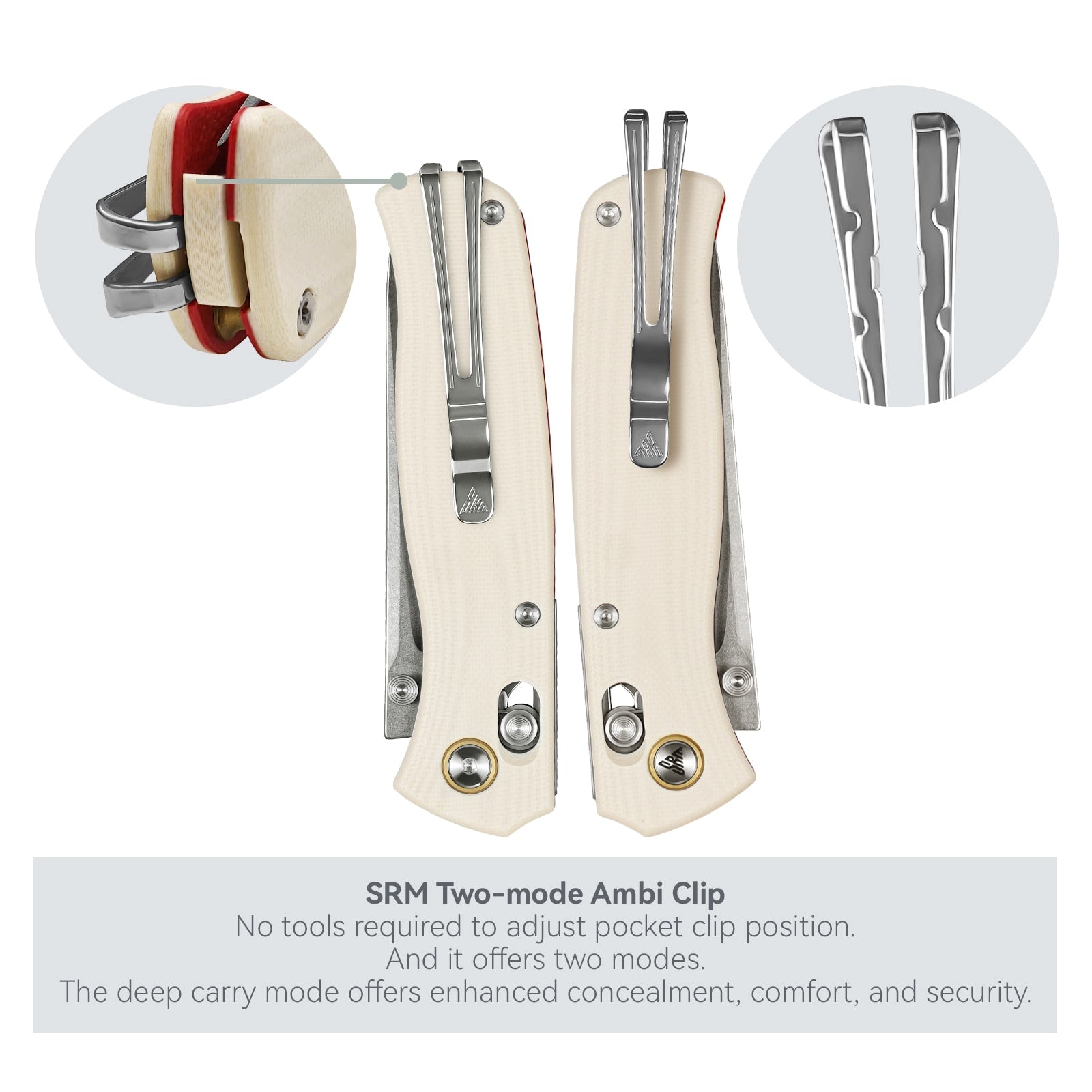 Close-up of SRM Medal 255L-GT2 EDC pocket knife two-mode ambi clip