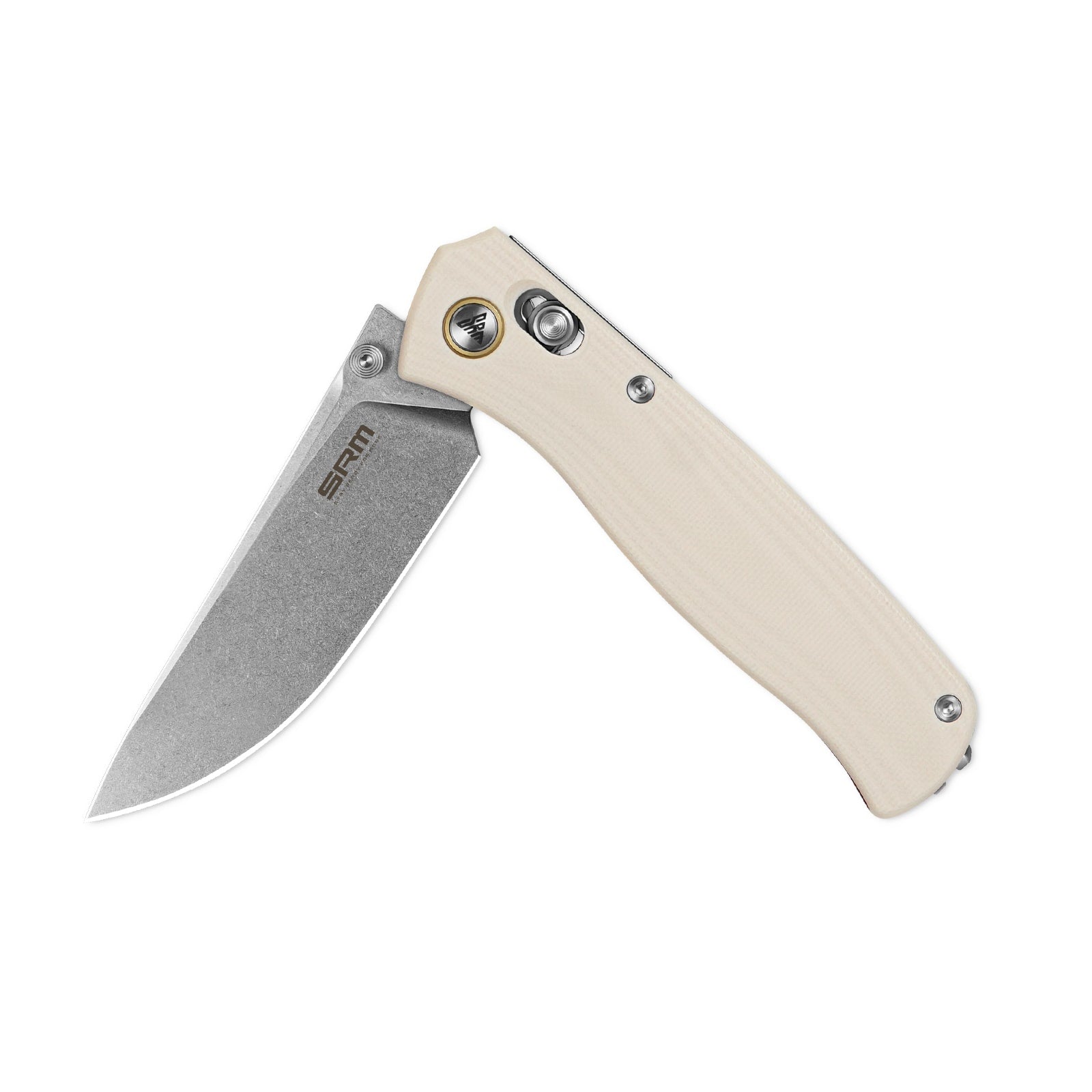 Half-folded state angle of the SRM Medal 255L-GT2 EDC pocket knife with blade open