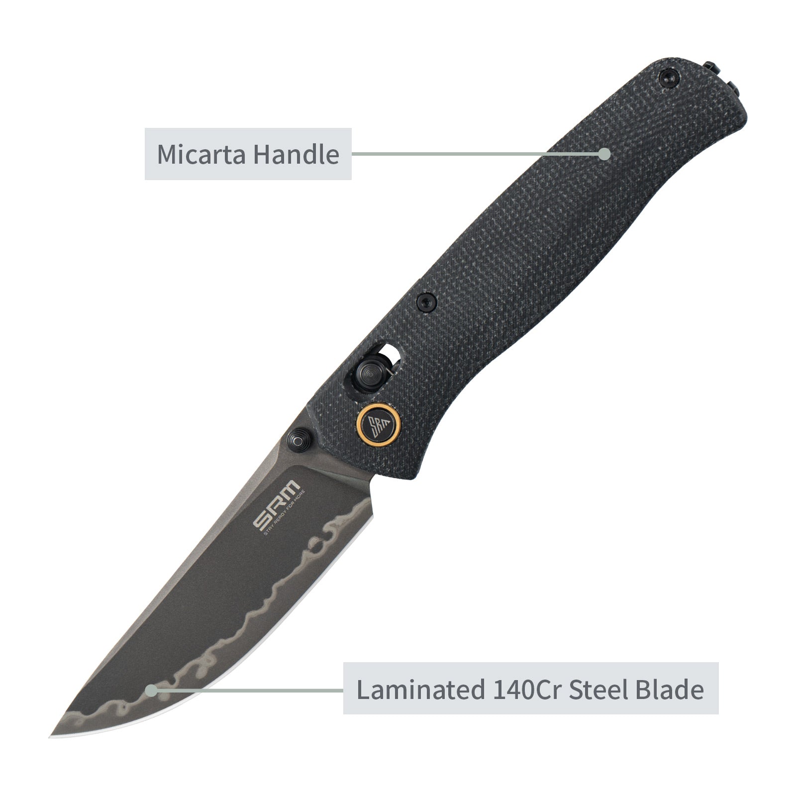 Feature labels of SRM Medal 255L-MB3 EDC pocket knife: steel blade and micarta handle