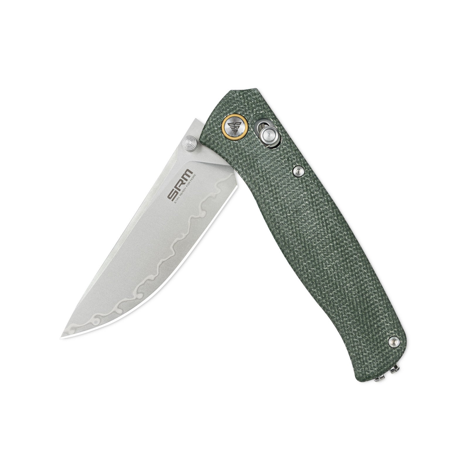 Half-folded state angle of the SRM Medal 255L-MG3 EDC pocket knife with blade open