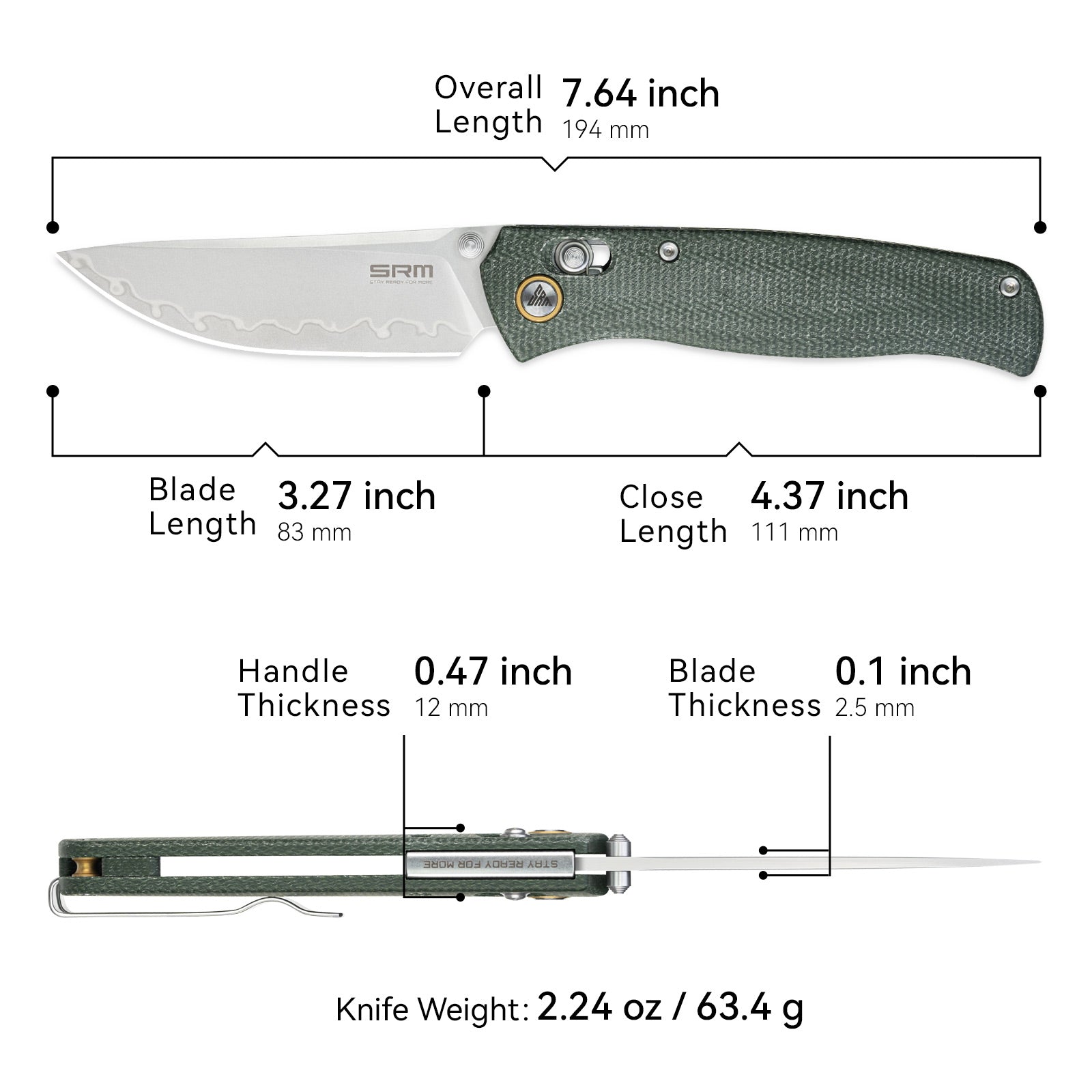 Dimensions and specs of SRM Medal 255L-MG3 EDC pocket knife
