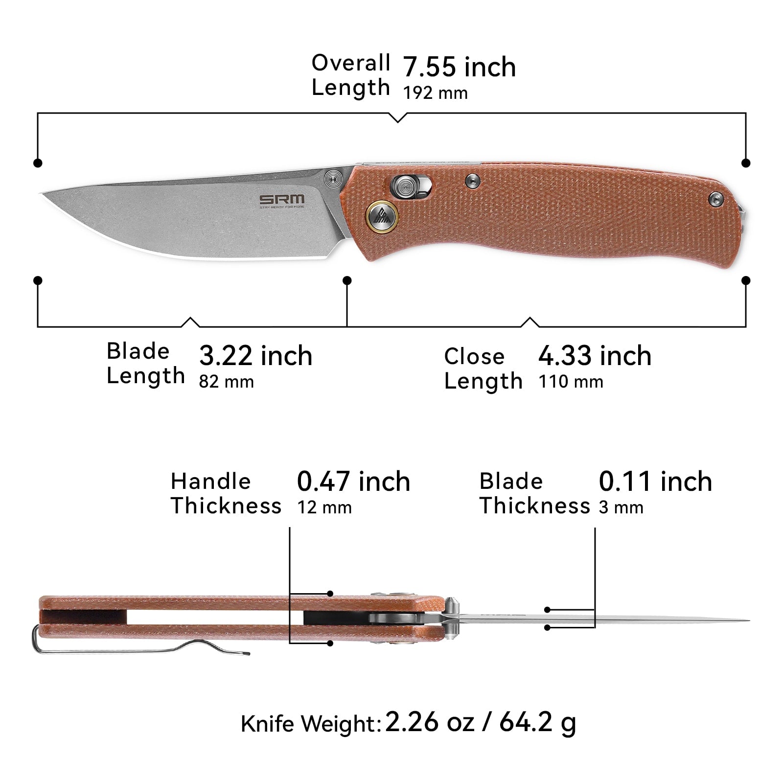 SRM Medal 255L-MN (3.2” 10Cr Blade, Micarta Handle)