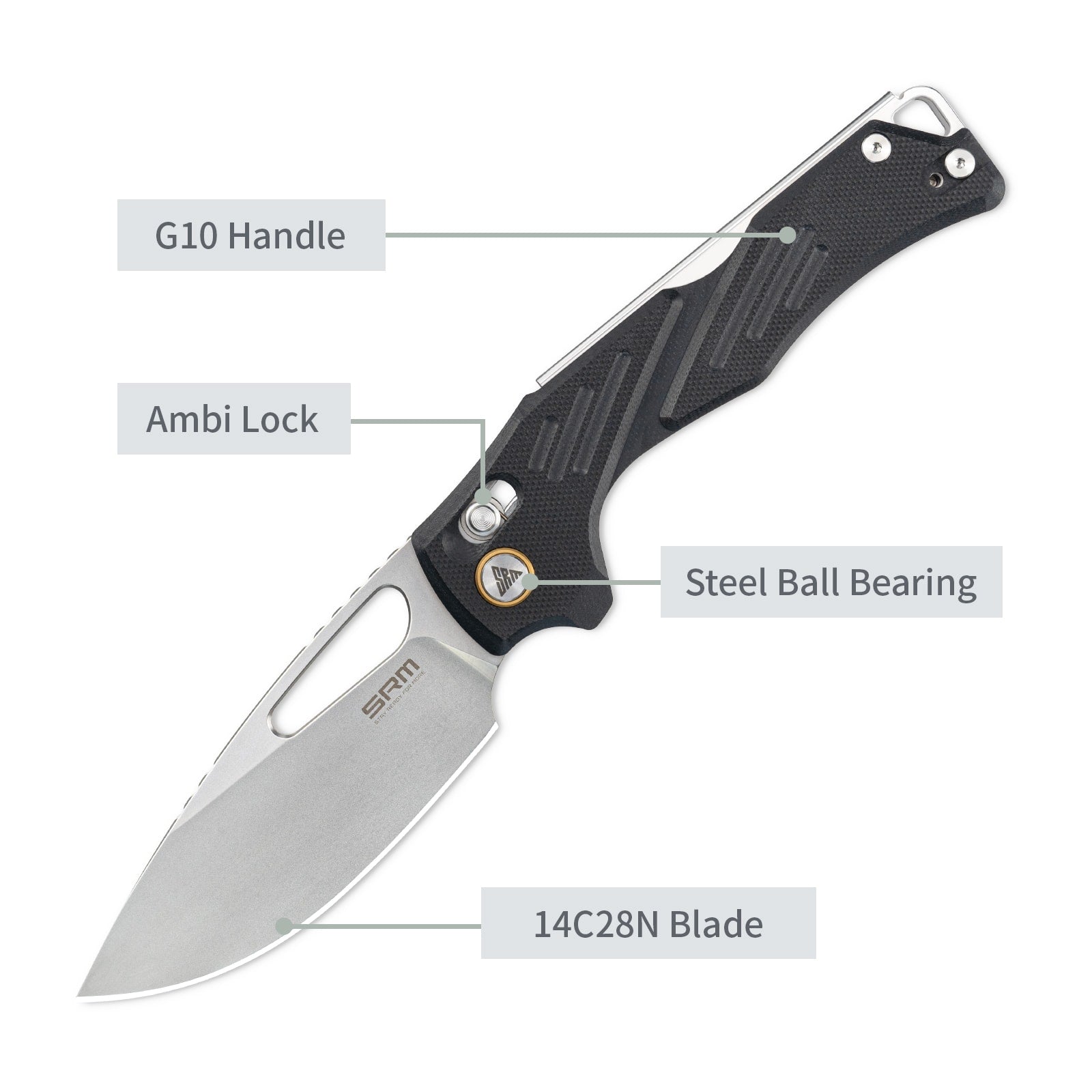 Feature labels of SRM Mirage 239X-GB folding hunting knife: ambi lock and steel blade