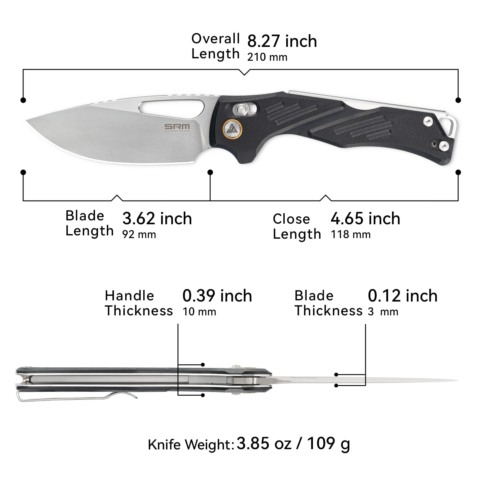 Dimensions and specs of SRM Mirage 239X-GB folding hunting knife