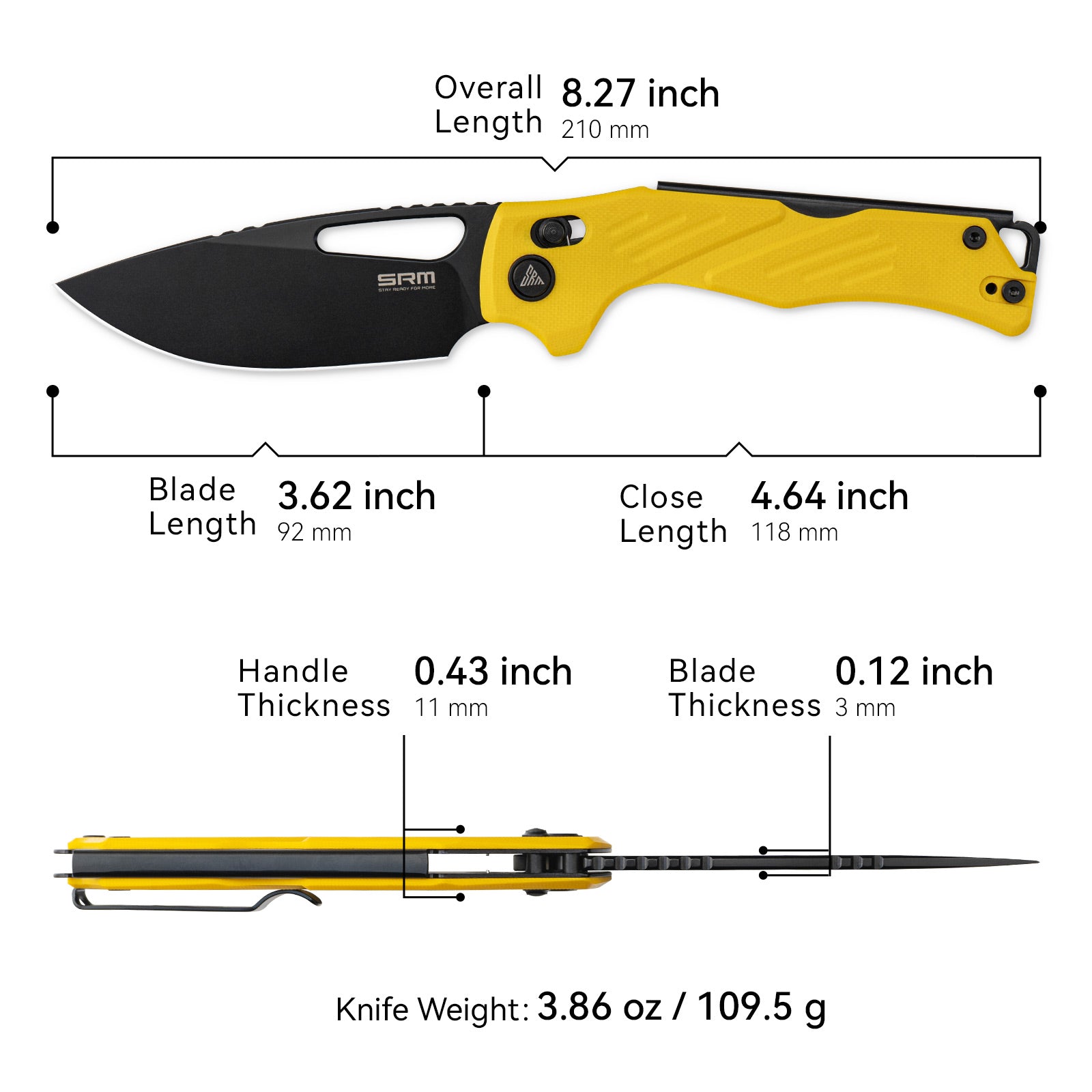 Dimensions and specs of SRM Mirage 239X-GY folding hunting knife