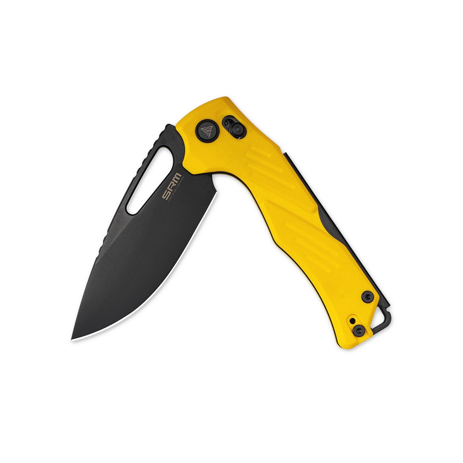 Half-folded state angle of the SRM Mirage 239X-GY folding hunting knife with blade open
