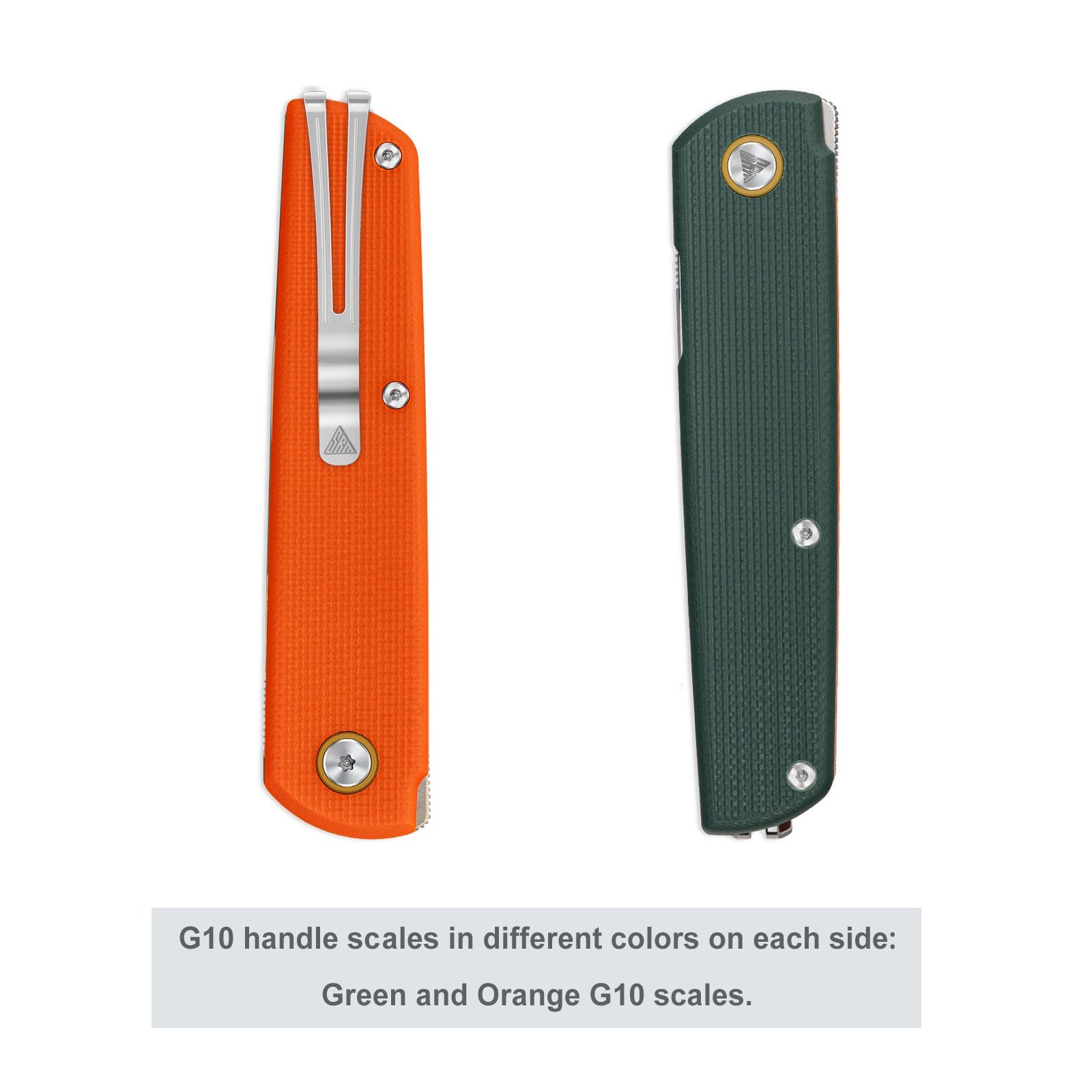 G10 handle scales in different colors on each side:Green and Orange G10 scales