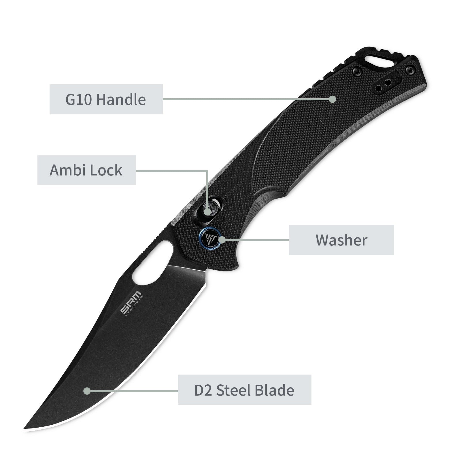 Feature labels of SRM Retriever 9201-GB hunting folding knife: ambi lock and steel blade