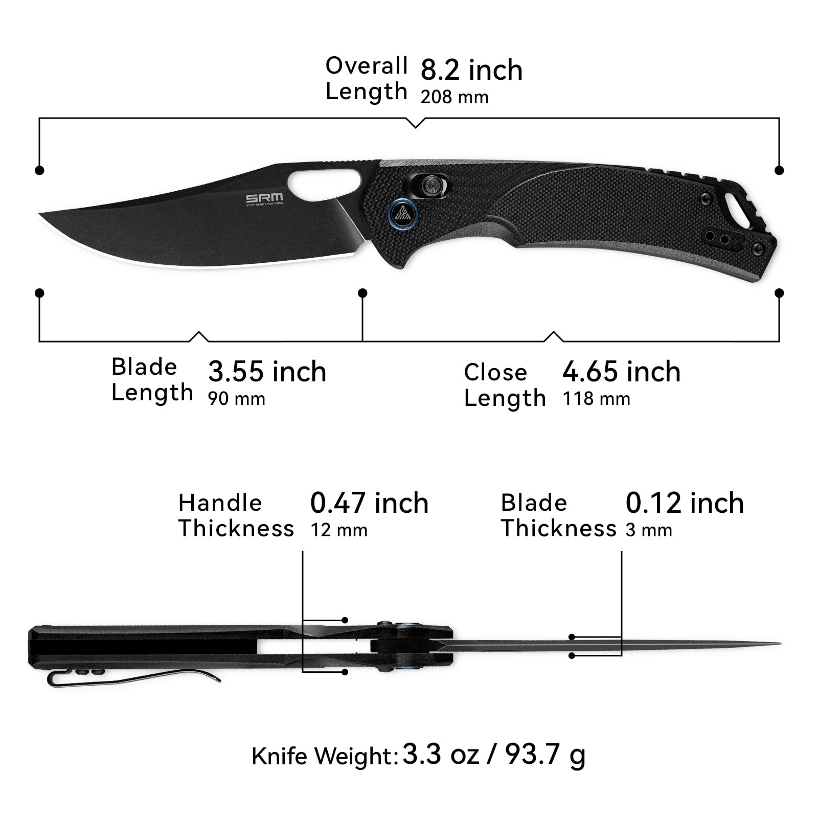 Dimensions and specs of SRM Retriever 9201-GB hunting folding knife