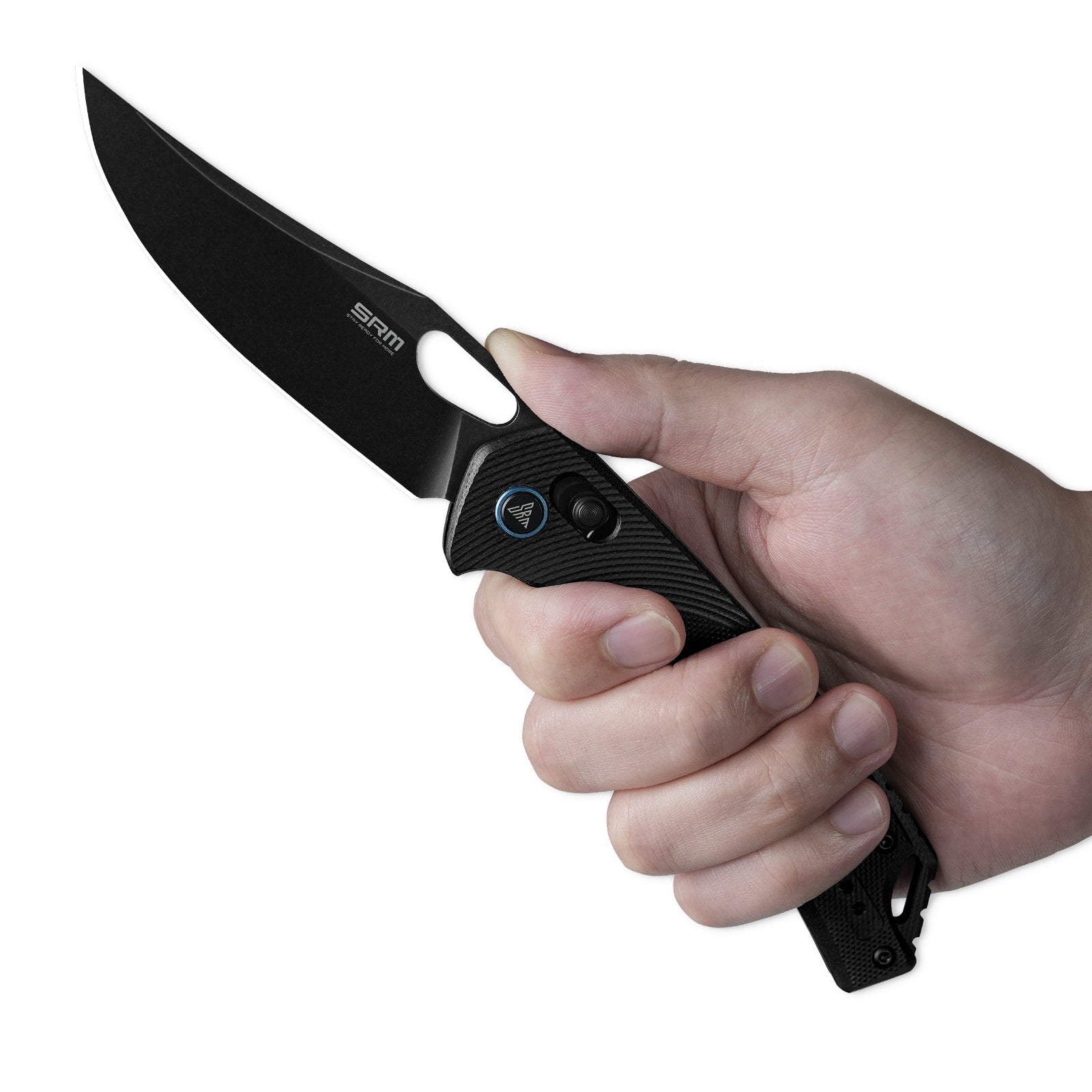 Hand holding SRM Retriever 9201-GB hunting folding knife